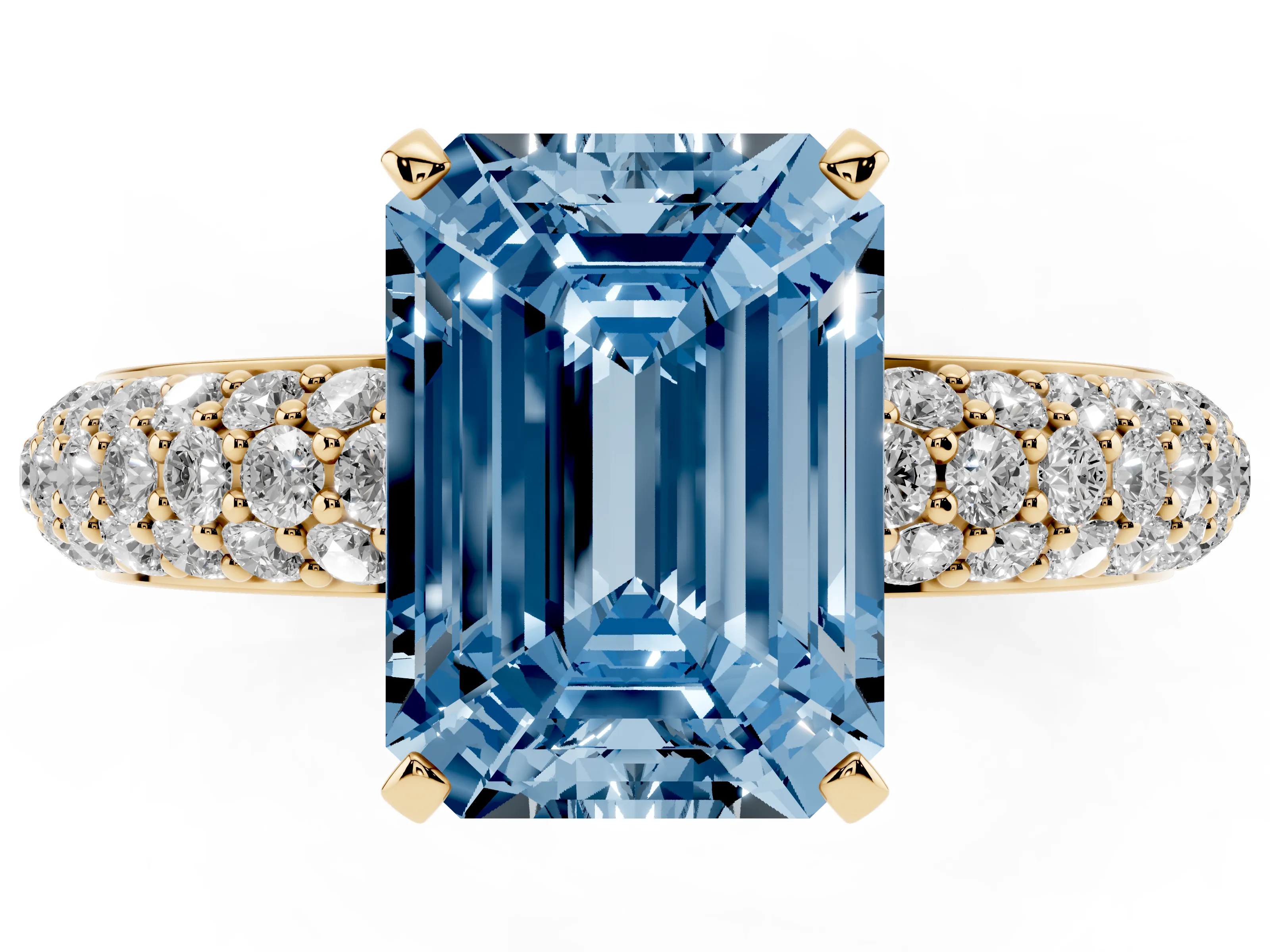 Fancy Blue Emerald Cut Diamond Solitaire Ring Set in Yellow gold with Prong Setting and Pavé-Set Band