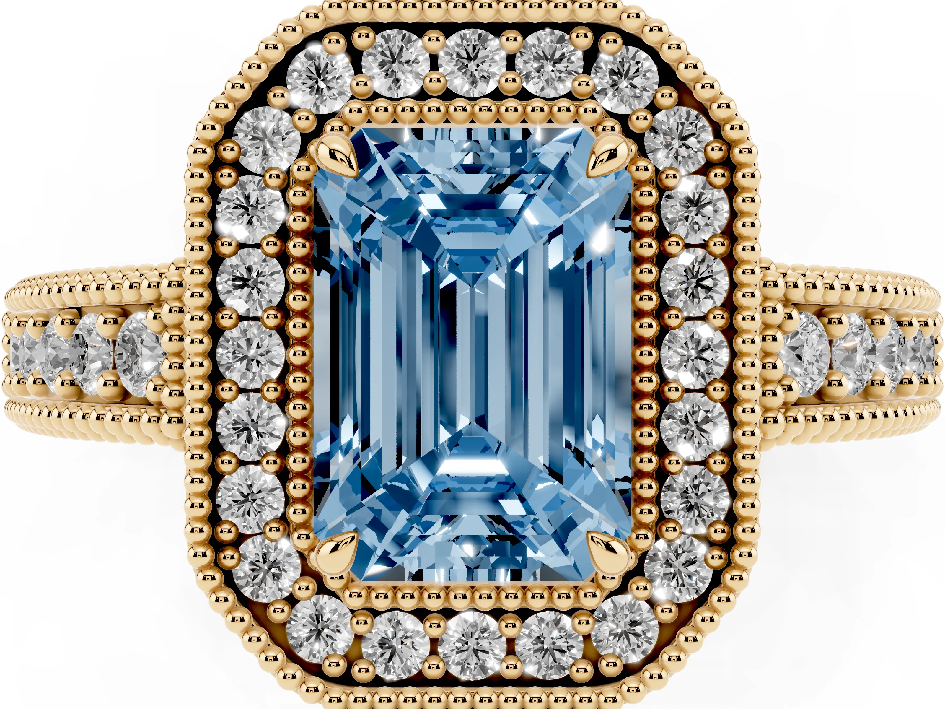 Fancy Blue Emerald Cut Diamond Halo Ring Set in Yellow gold with Round Accent Halo, Pavé Band and Prong Setting