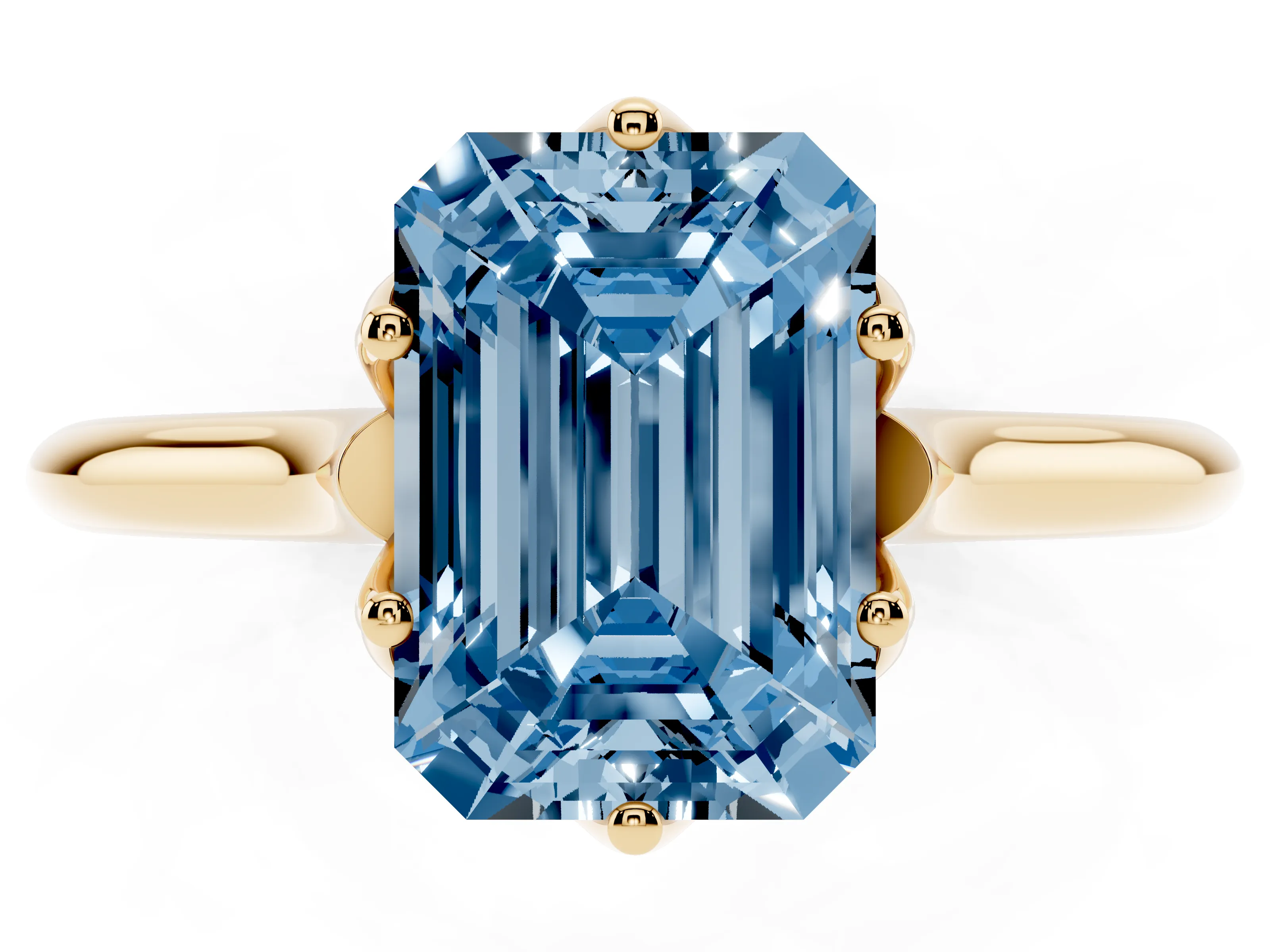 Fancy Blue Emerald Cut Diamond Solitaire Cathedral Ring Set in Yellow gold with Prong Setting