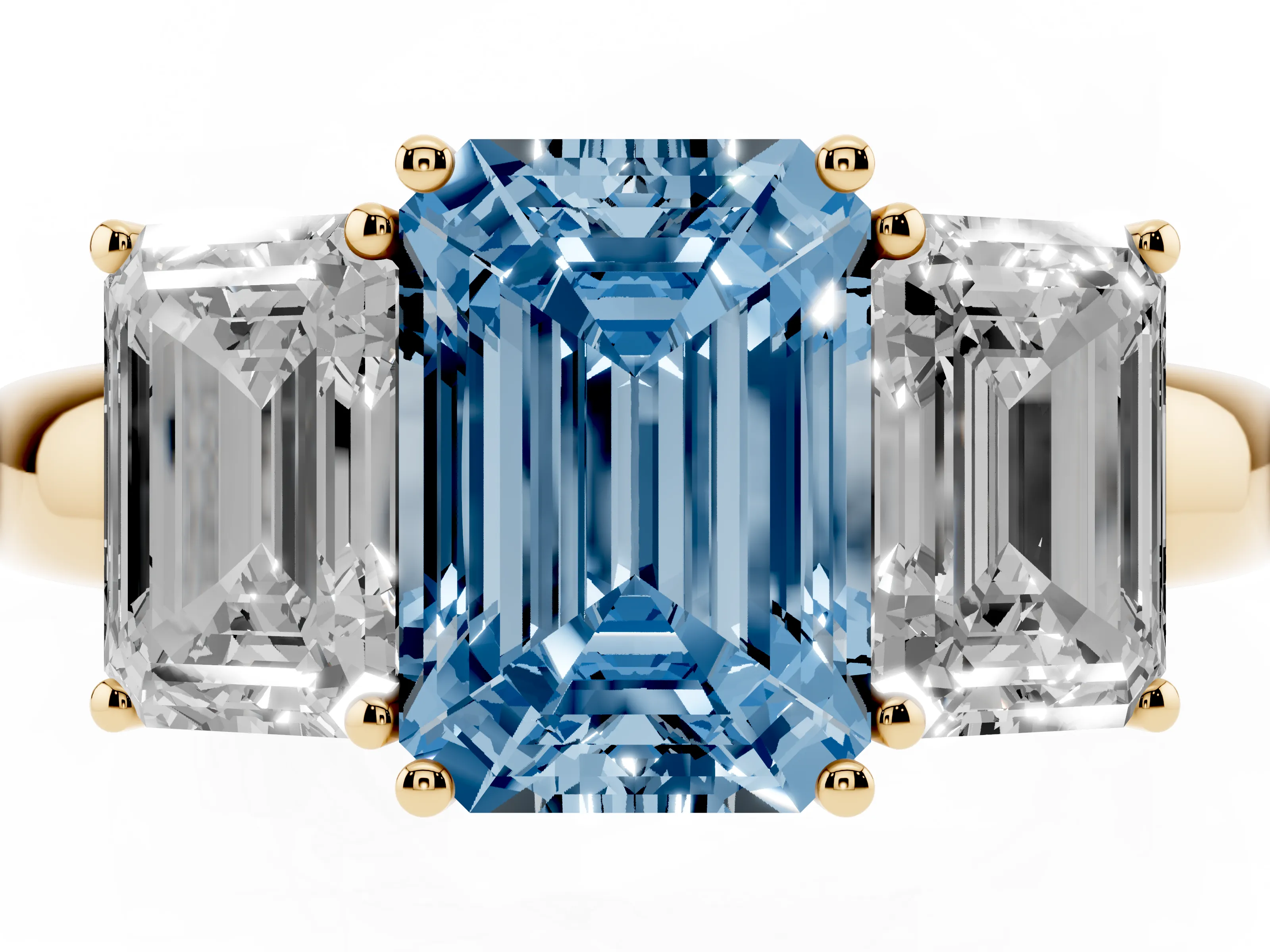 Fancy Blue Emerald Cut Diamond Three-Stone Ring Set in Yellow gold with Bold Center and Classic Band