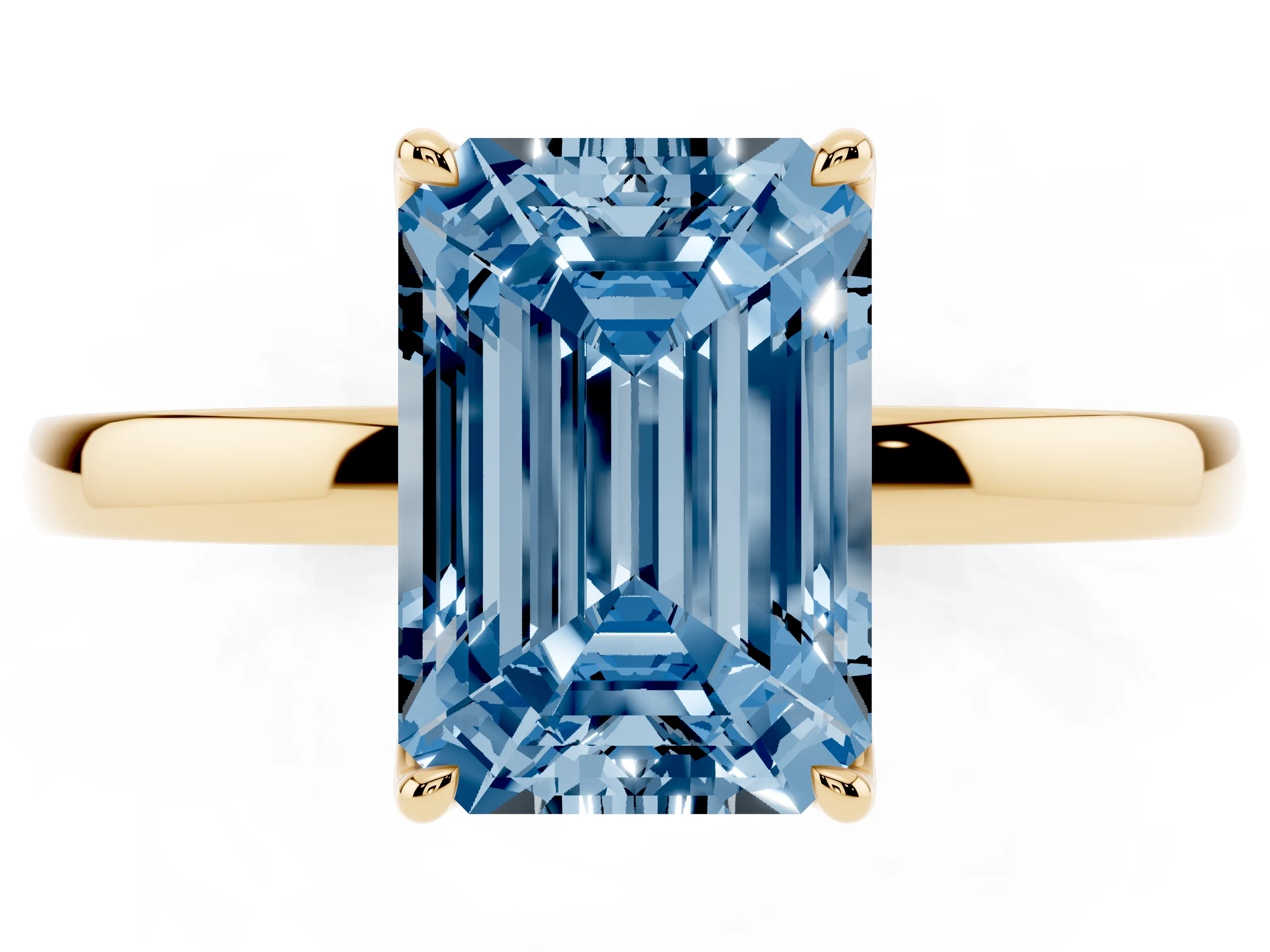 Fancy Blue Emerald Cut Diamond Solitaire Ring Set in Yellow gold with Prong Setting and Thin Polished Band