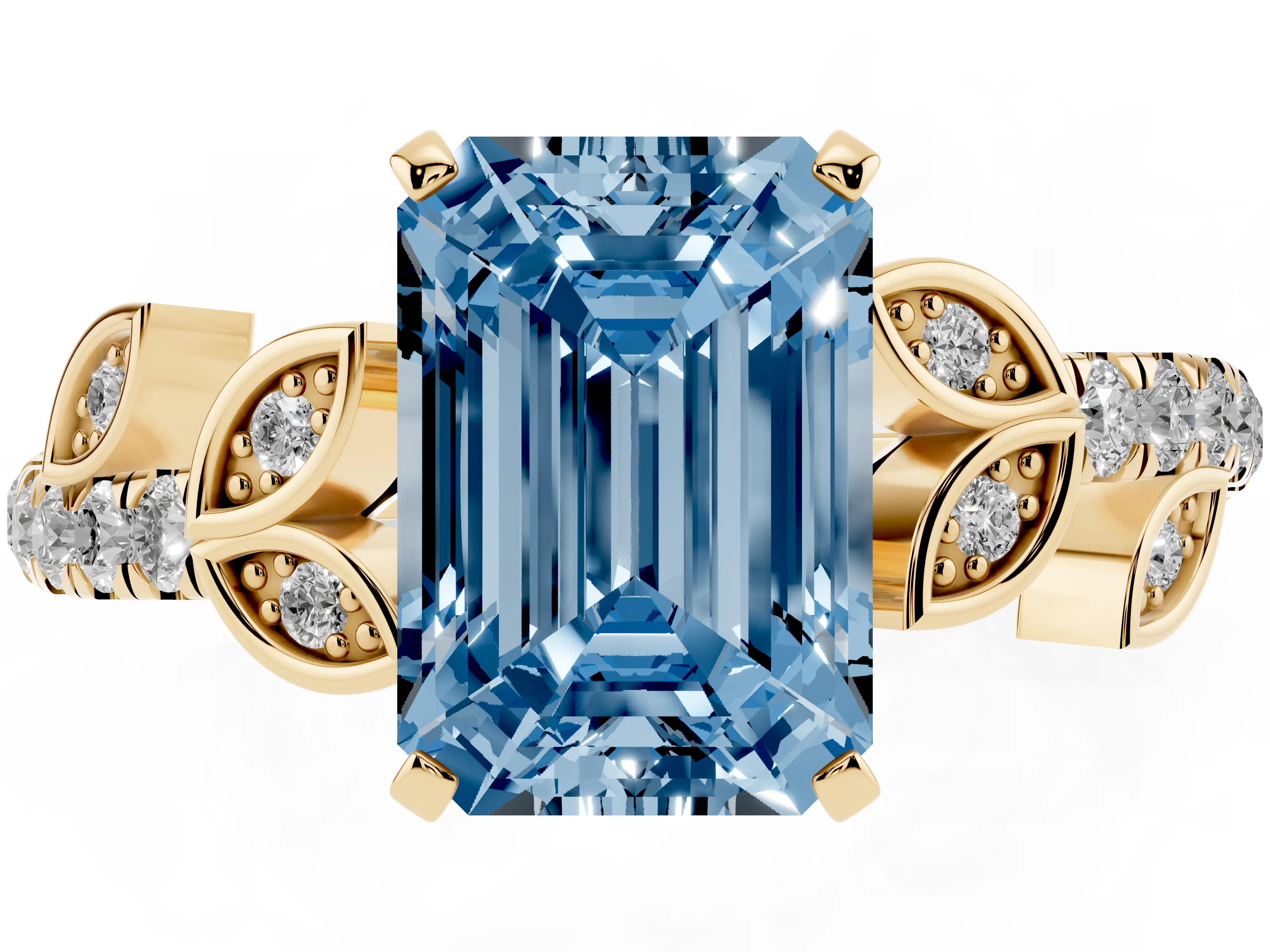 Fancy Blue Emerald Cut Diamond Solitaire Leaf-Inspired Ring Set in Yellow gold with Pavé Band and Prong Setting