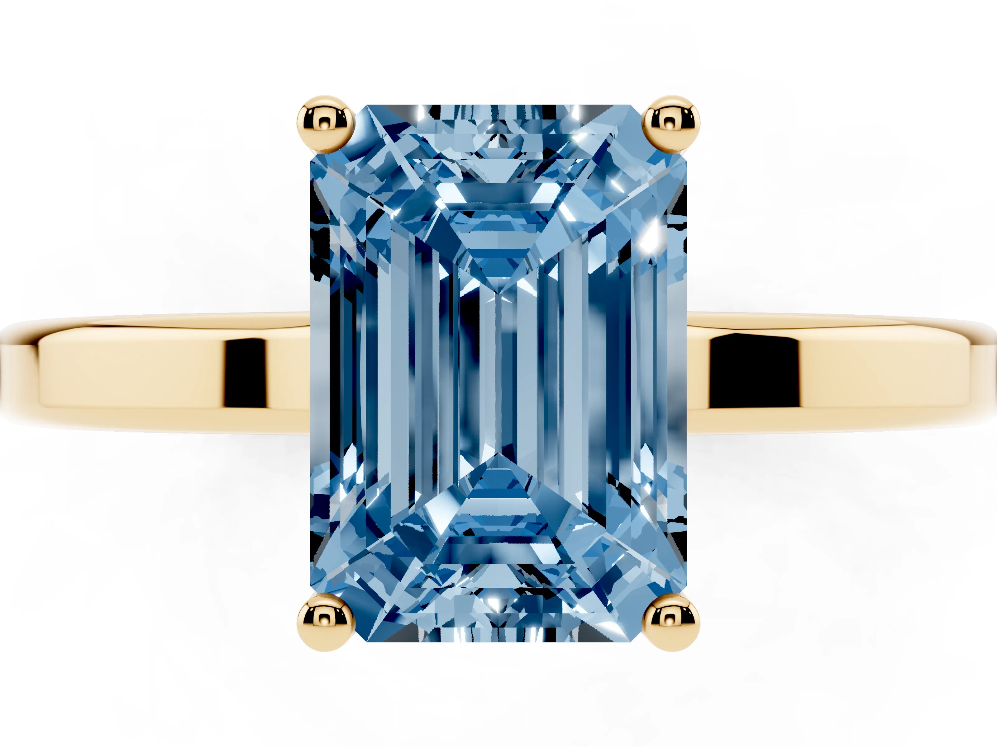 Fancy Blue Emerald Cut Diamond Solitaire Engagement Ring Set in Yellow gold with Prong Setting on a Plain Band