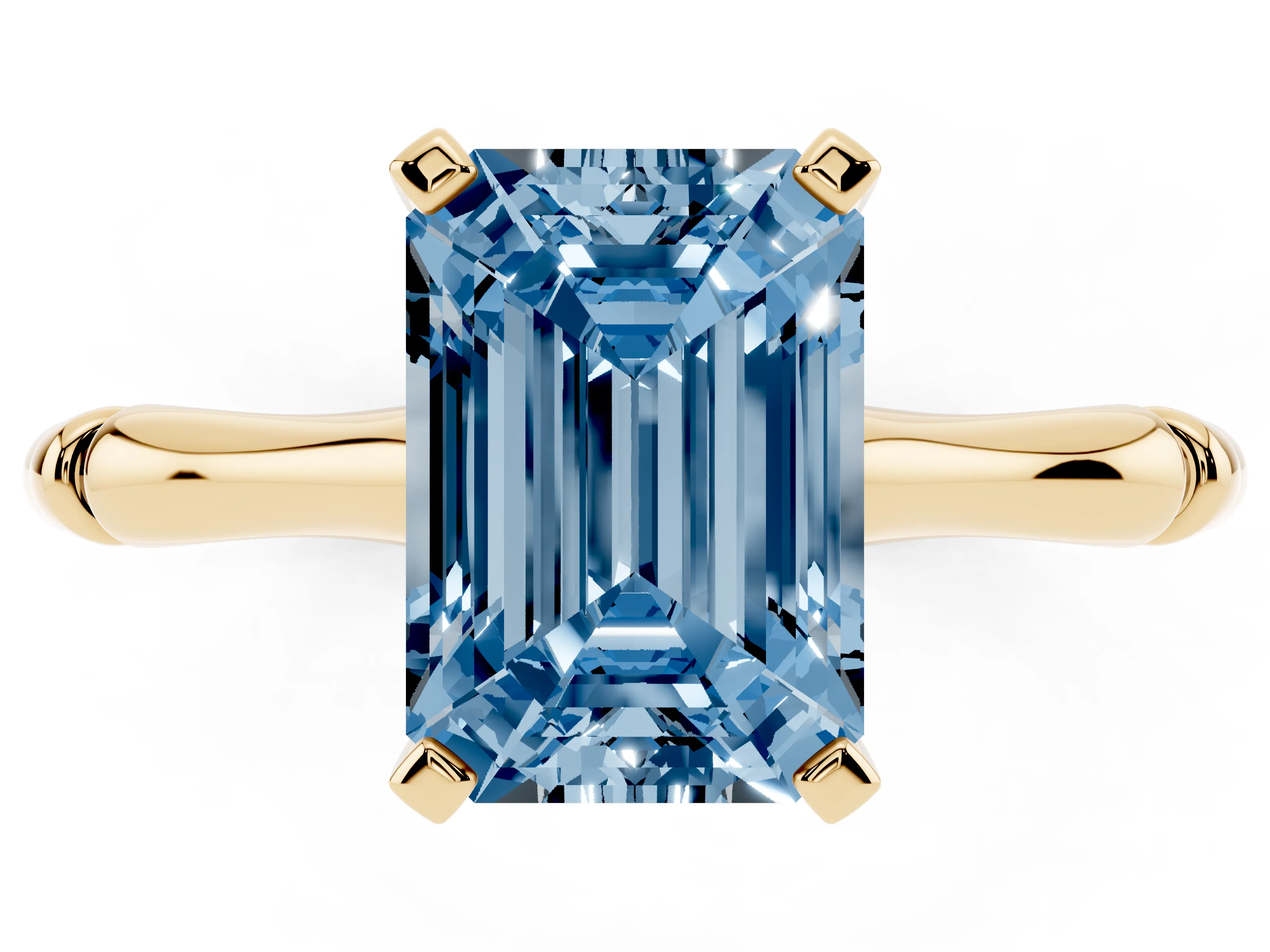 Fancy Blue Emerald Cut Diamond Solitaire Ring Set in Yellow gold with Bamboo Band and Prong Setting