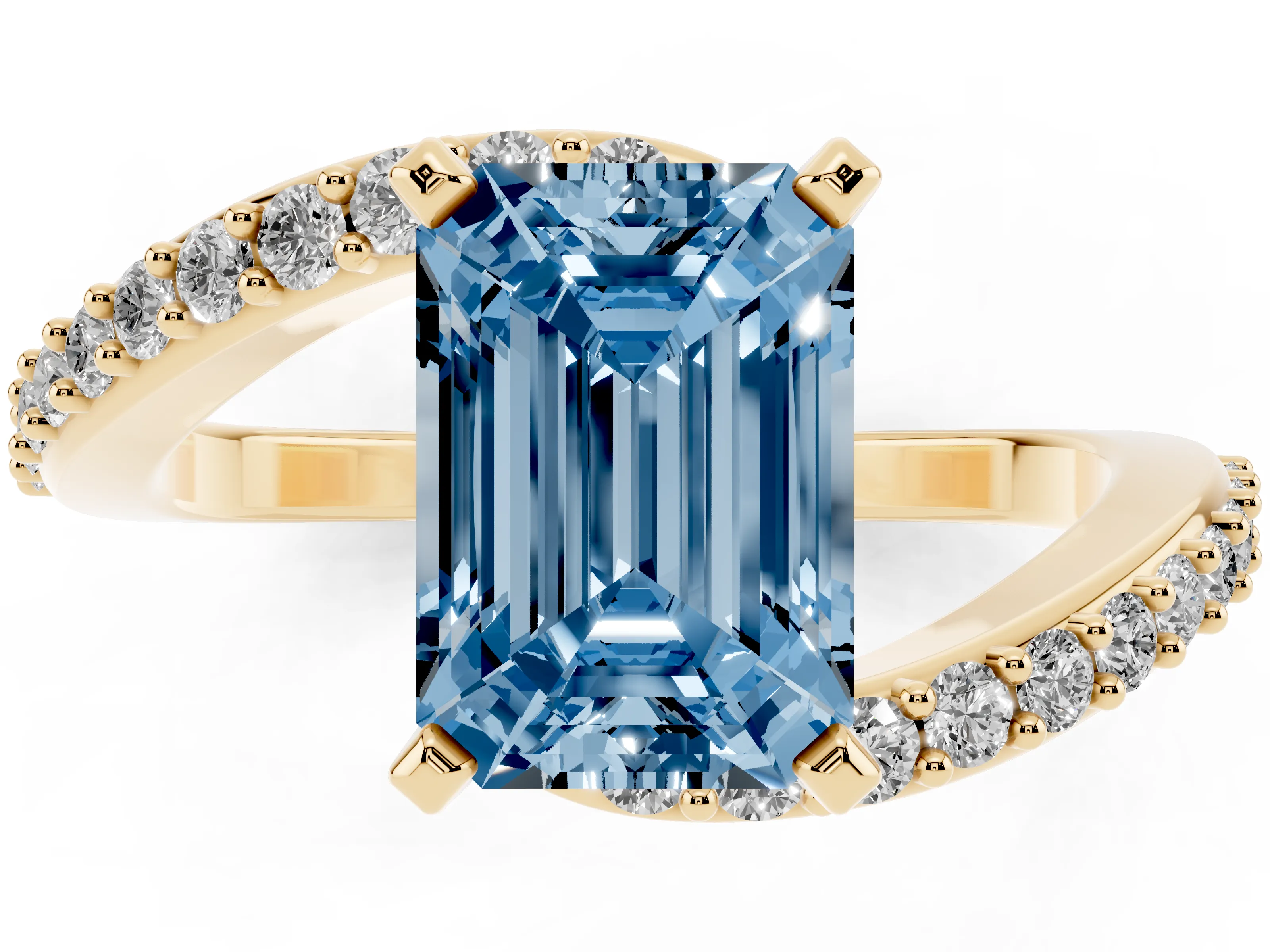 Fancy Blue Emerald Cut Diamond Solitaire Ring Set in Yellow gold with Pavé Twist Band and Prong Setting