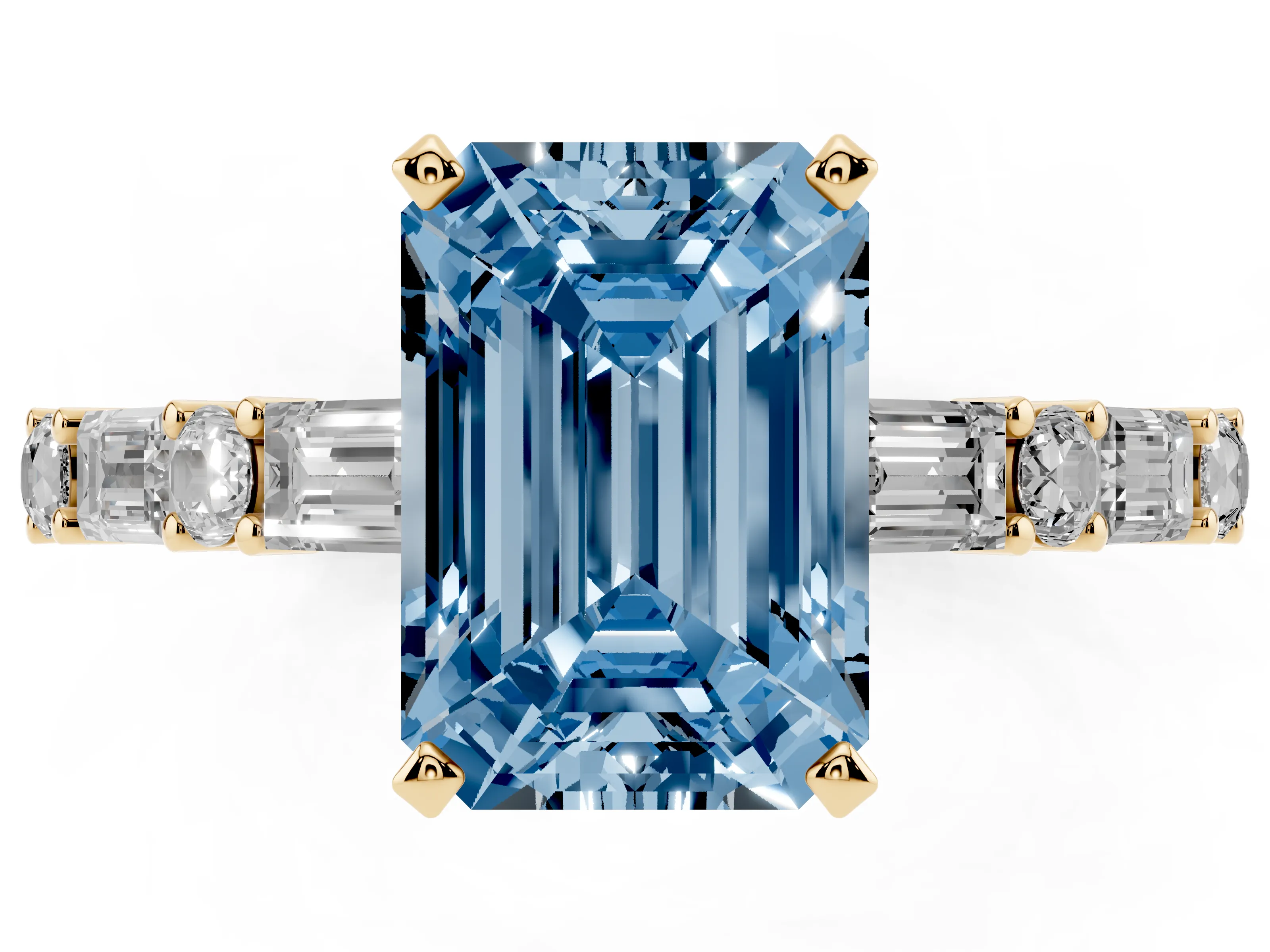 Fancy Blue Emerald Cut Diamond Solitaire Set in Yellow gold with Side Baguettes and Channel Set Band