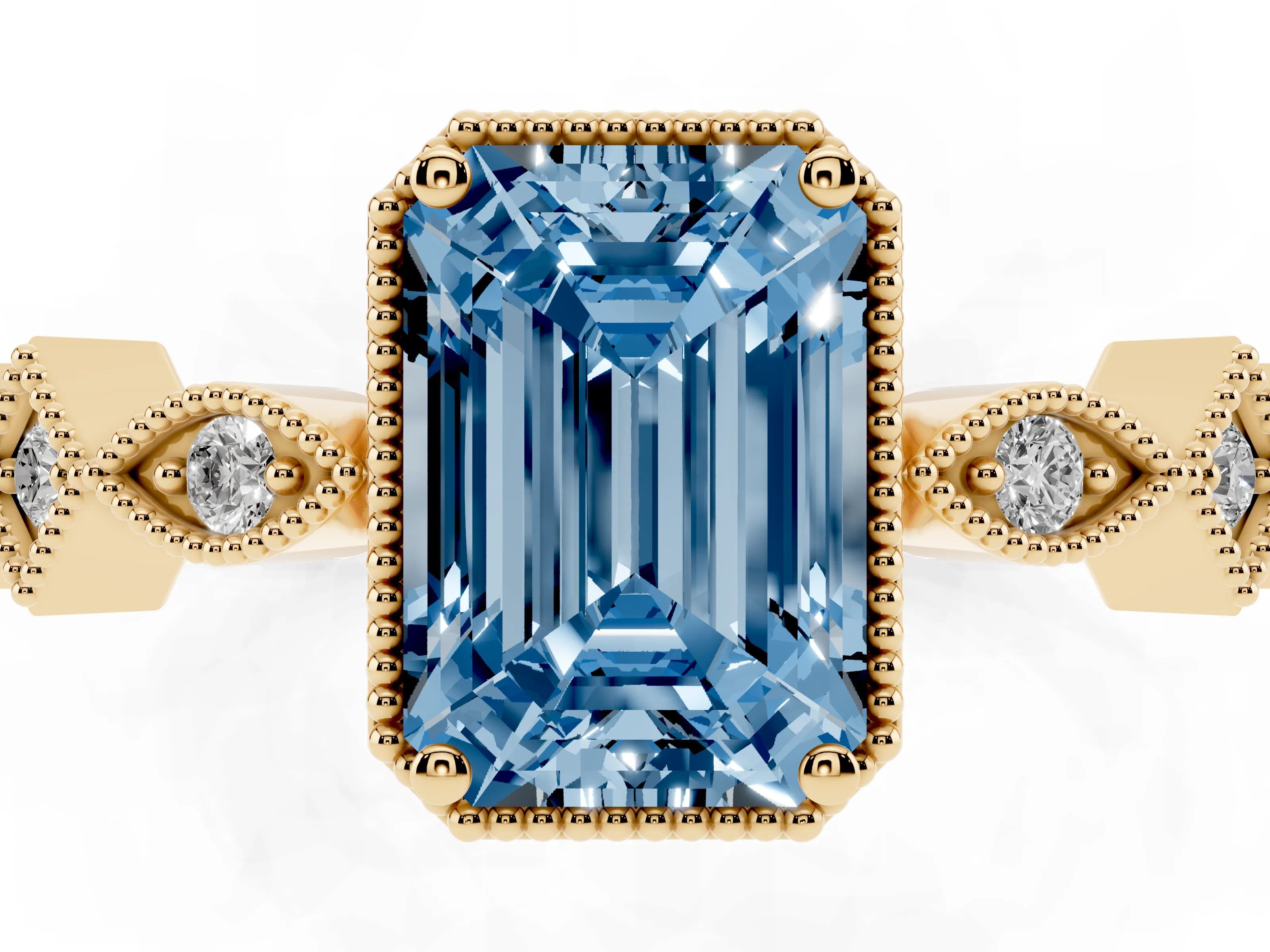 Fancy Blue Emerald Cut Diamond Milgrain Marquise Twist Band Ring Set in Yellow gold with Prong Setting