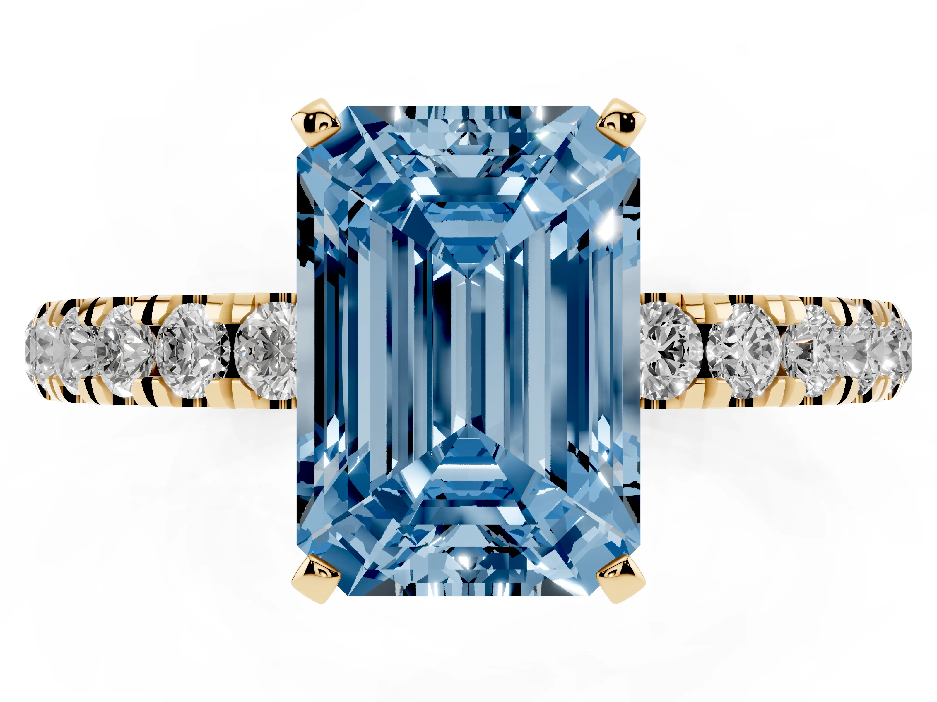Fancy Blue Emerald Cut Diamond Solitaire Ring Set in Yellow gold with Pavé Accents and Prong Setting