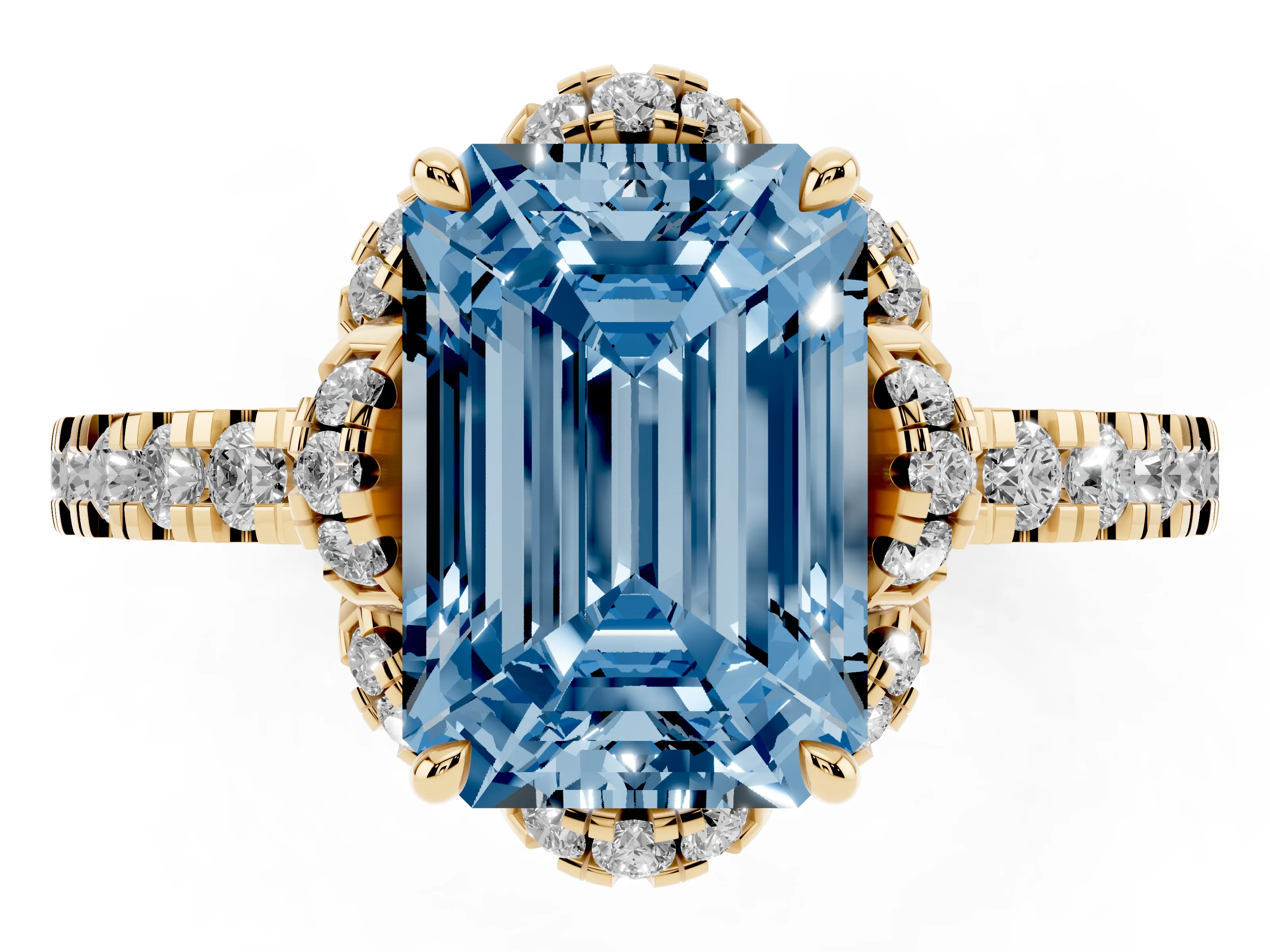 Fancy Blue Emerald Cut Diamond Halo Pavé Band Ring Set in Yellow gold with Prong-Held Center