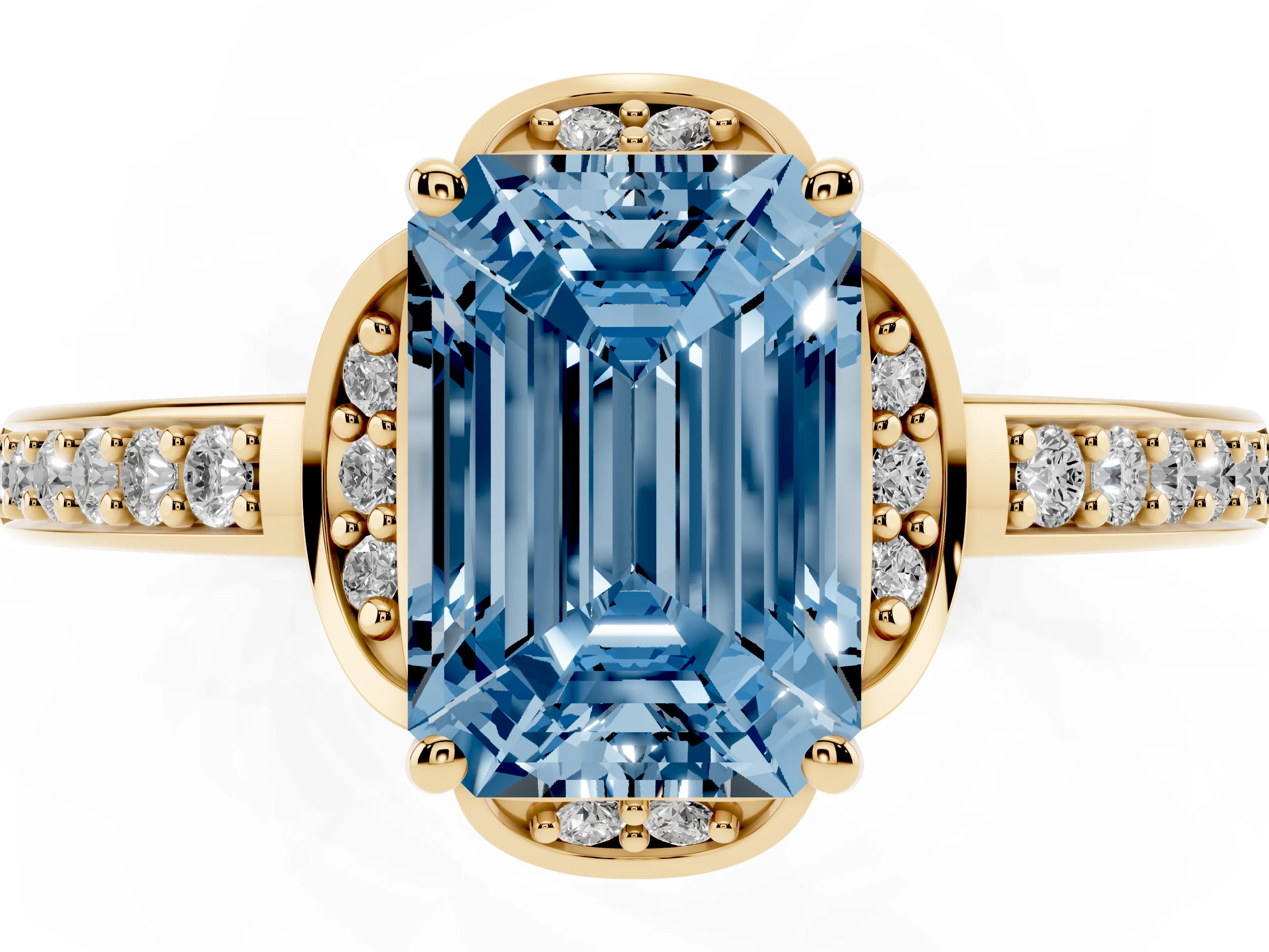 Fancy Blue Emerald Cut Diamond Halo Ring Set in Yellow gold with Channel Set Band and Prong Setting