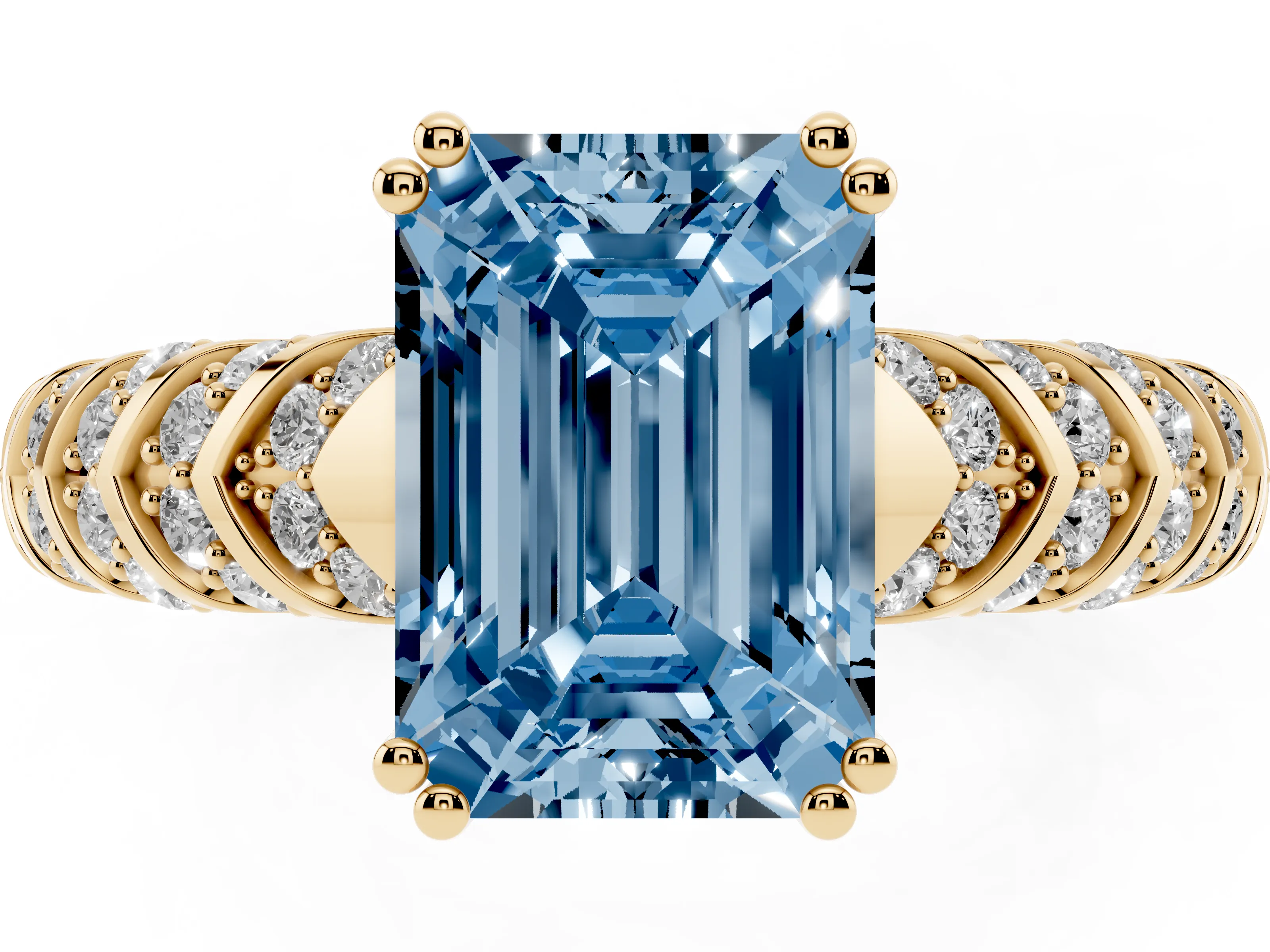 Fancy Blue Emerald Cut Diamond Solitaire Chevron Pavé Engagement Ring Set in Yellow gold with Prong Setting