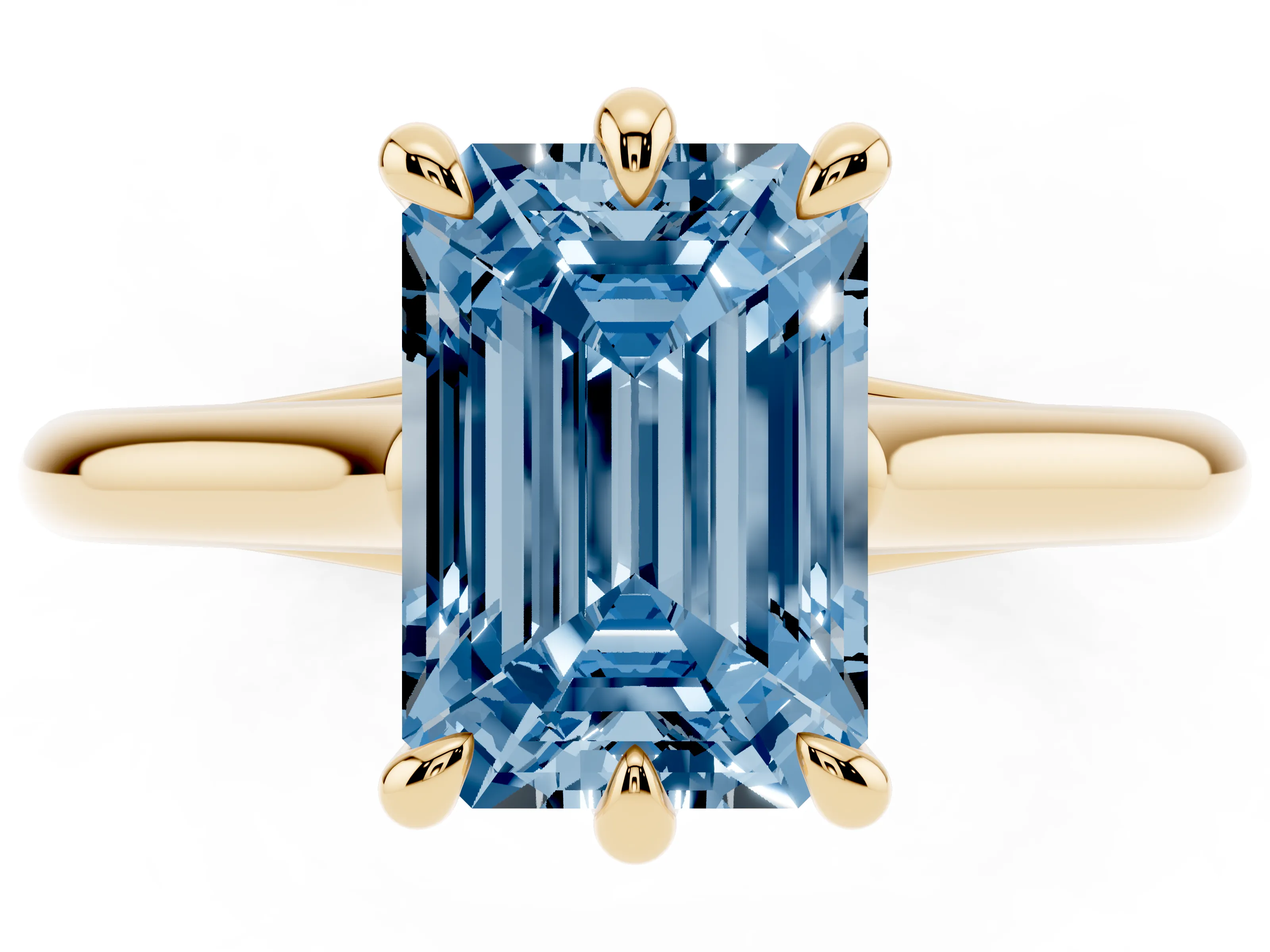 Fancy Blue Emerald Cut Diamond Solitaire Engagement Ring Set in Yellow gold with Prong Setting and Plain Classic Band