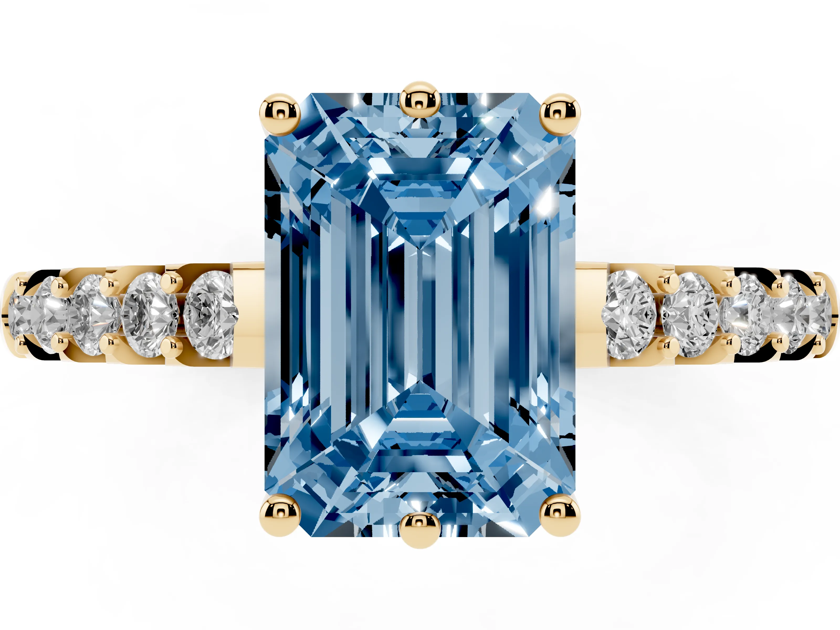 Fancy Blue Emerald Cut Diamond Solitaire Engagement Ring Set in Yellow gold with Pavé Band and Prong Setting