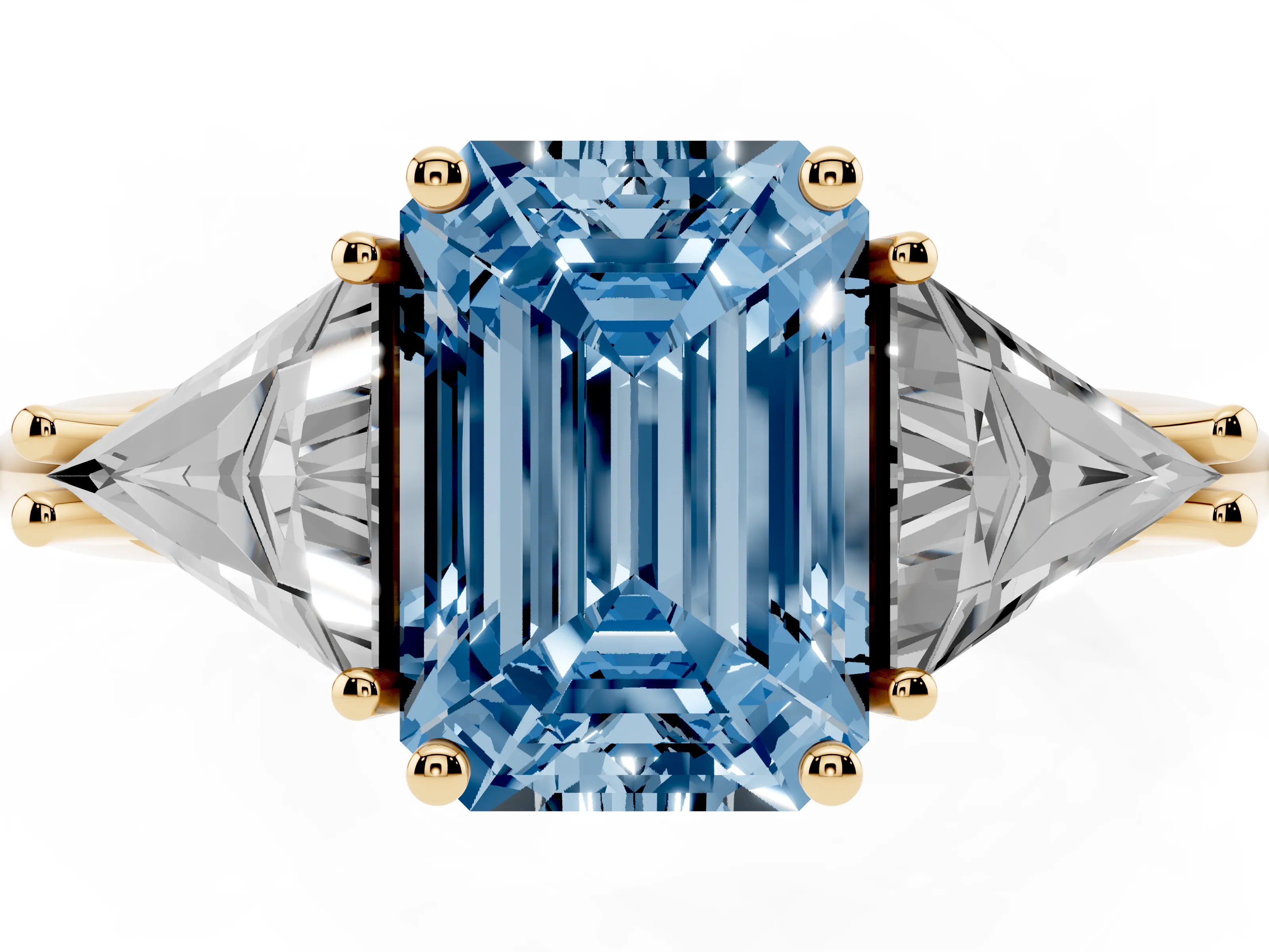 Fancy Blue Emerald Cut Diamond Three-Stone Engagement Ring Set in Yellow gold with Trillion Side Stones