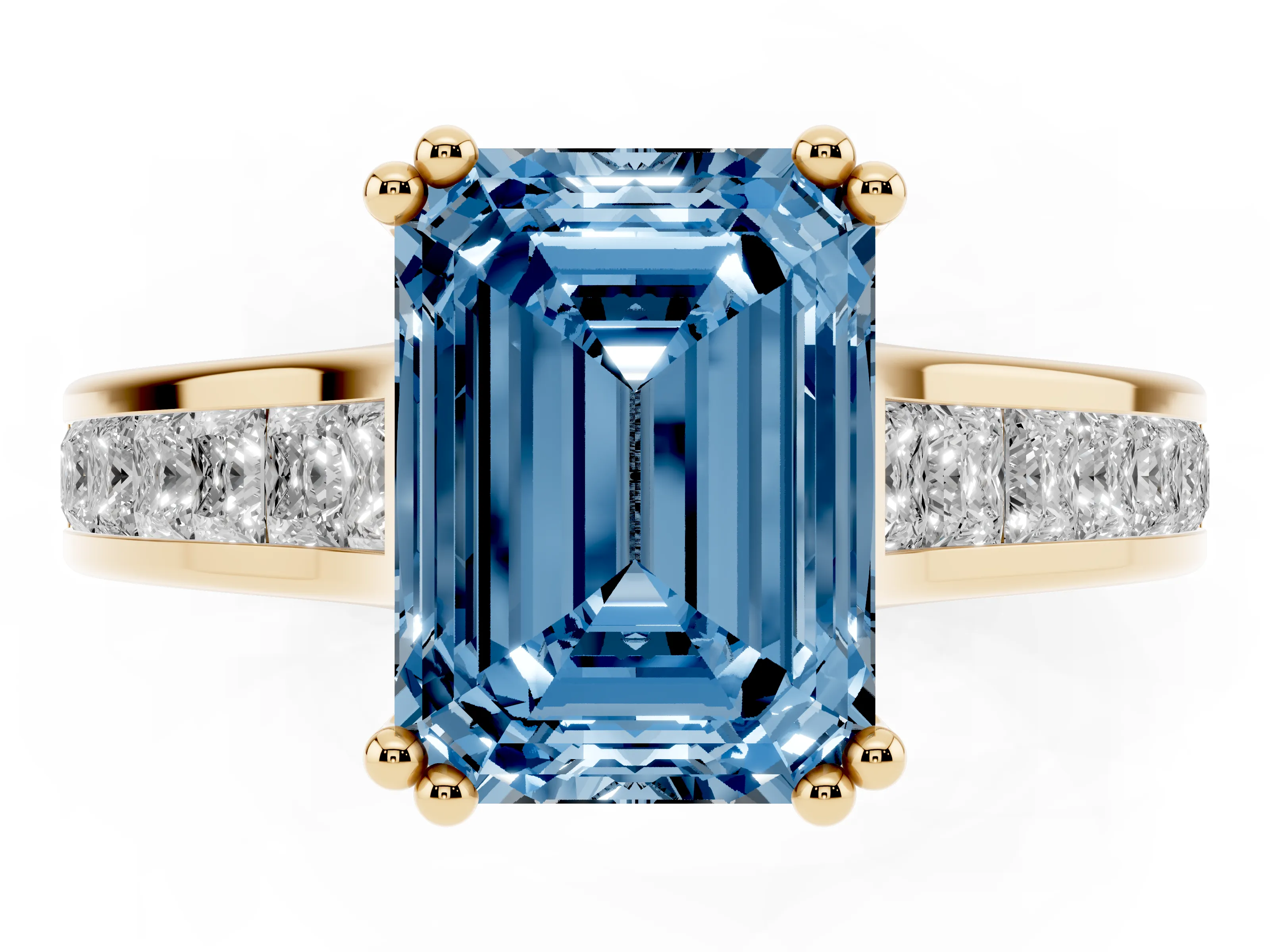 Fancy Blue Emerald Cut Diamond Channel Set Solitaire Engagement Ring Set in Yellow gold with Prong Setting