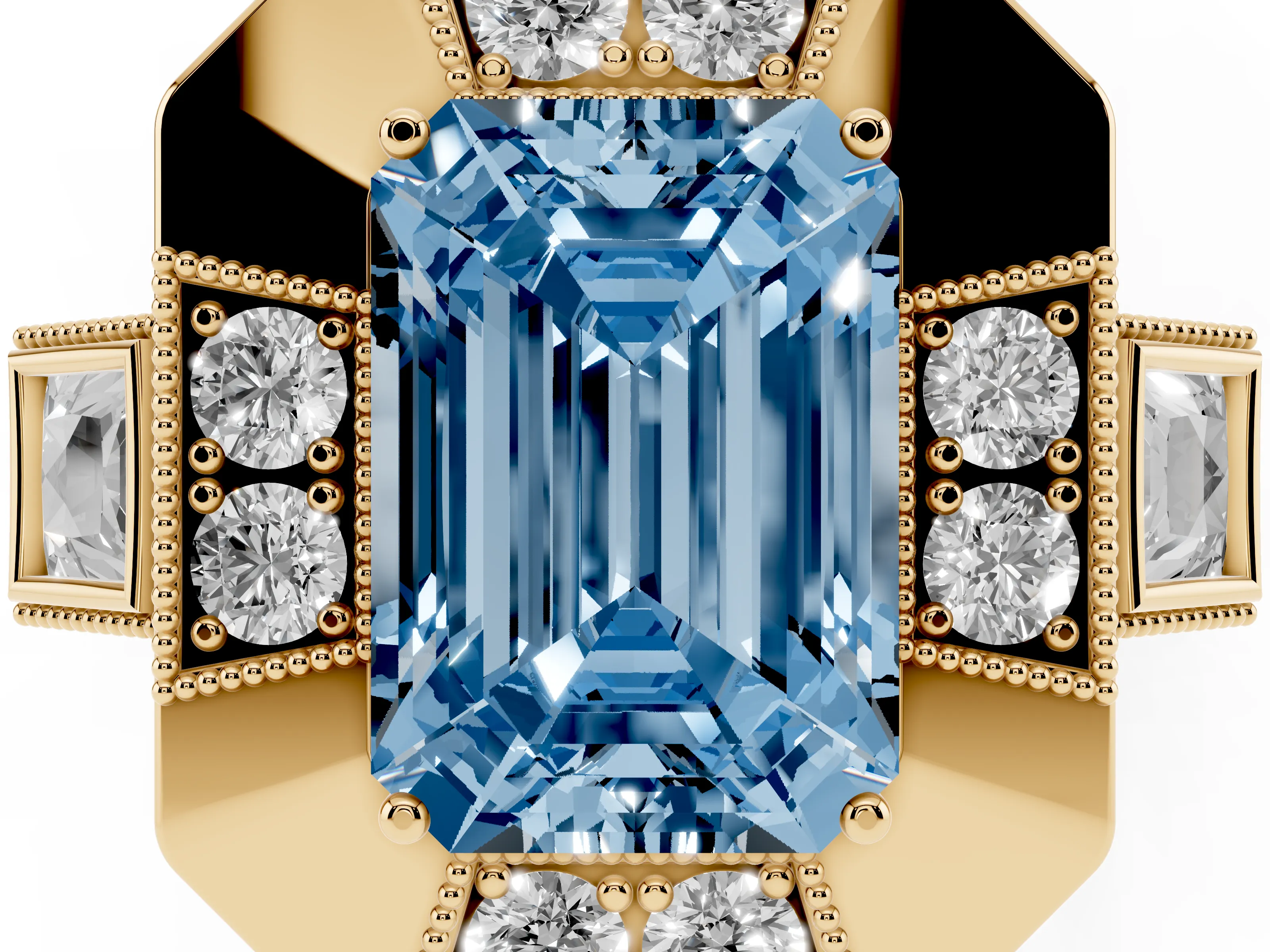 Fancy Blue Emerald Cut Diamond Milgrain Halo Ring Set in Yellow gold with Split Shank