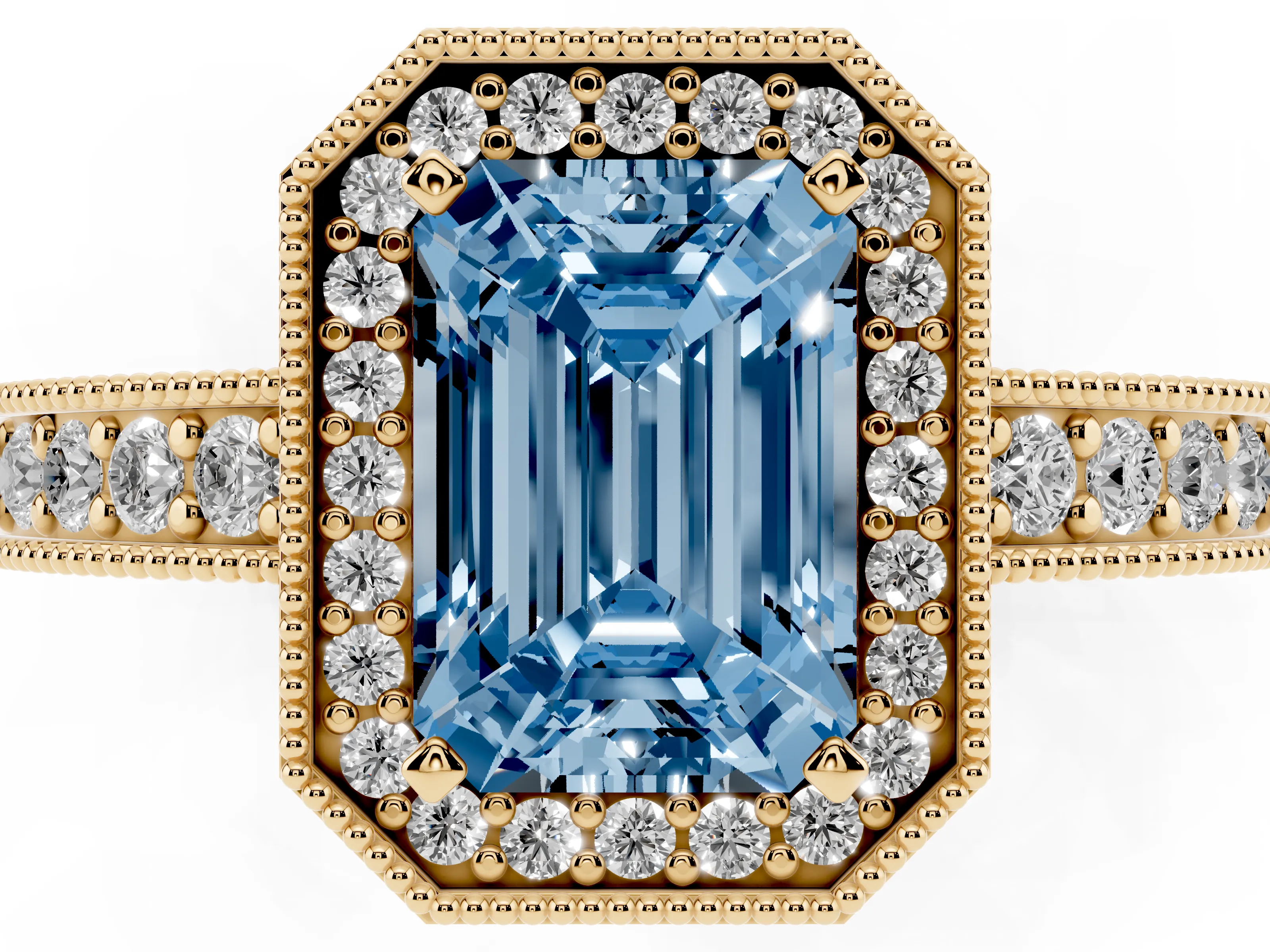Fancy Blue Emerald Cut Diamond Halo Pavé Band Ring Set in Yellow gold with Prong-Set Center