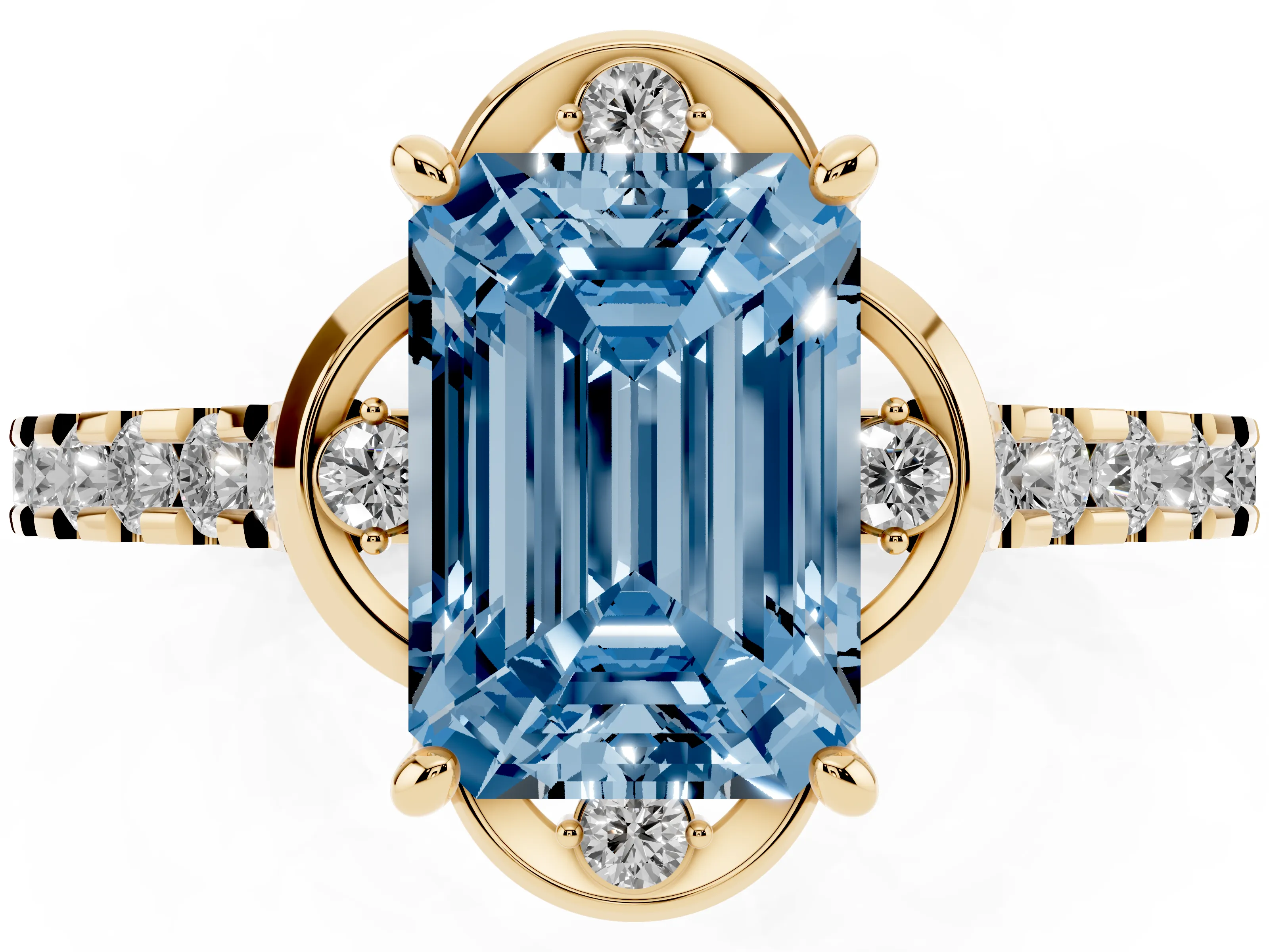 Fancy Blue Emerald Cut Diamond Solitaire Ring Set in Yellow gold with Pavé Band and Floral Prong Setting