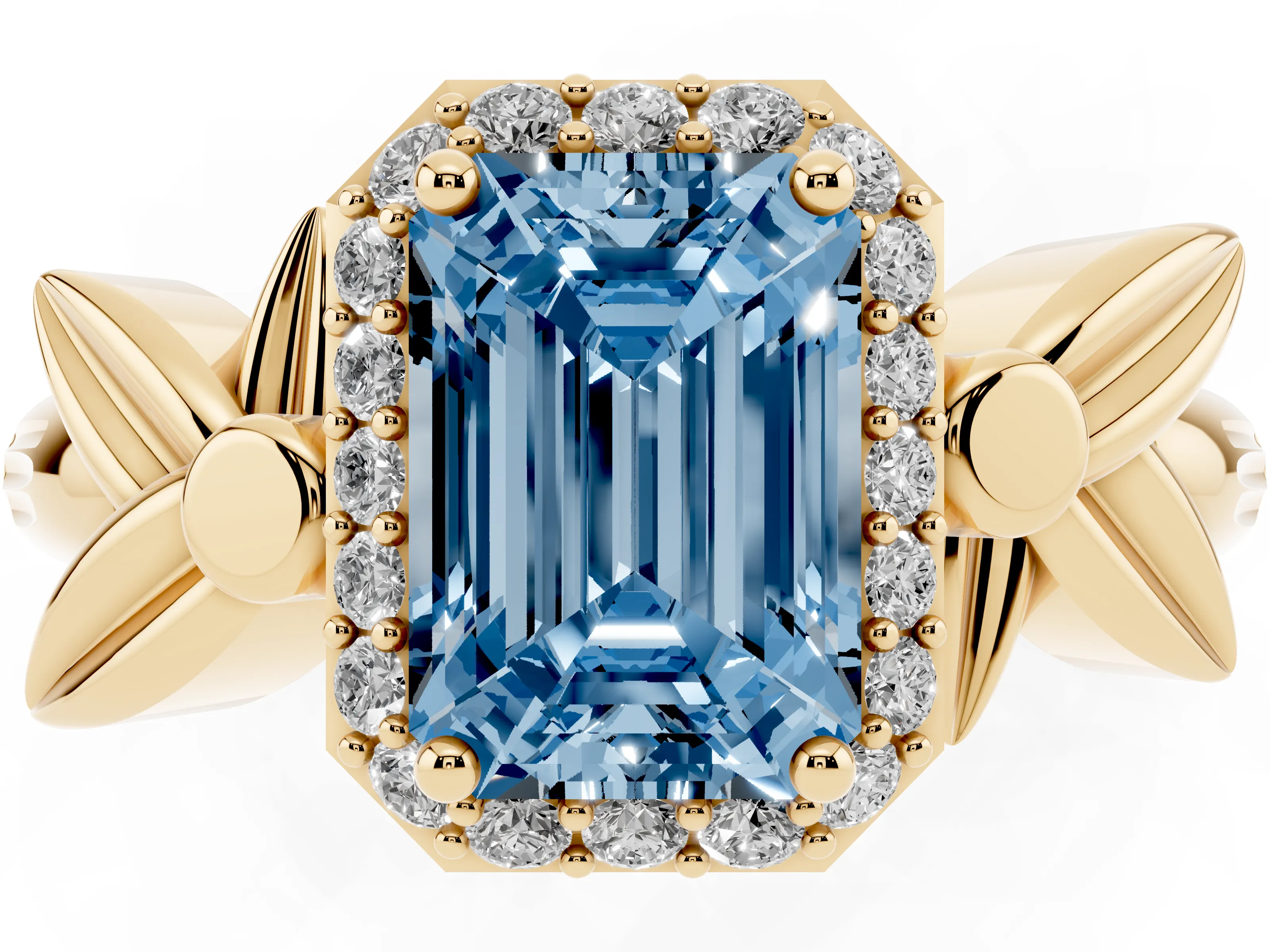 Fancy Blue Emerald Cut Diamond Halo Floral Band Ring Set in Yellow gold with Prong Setting