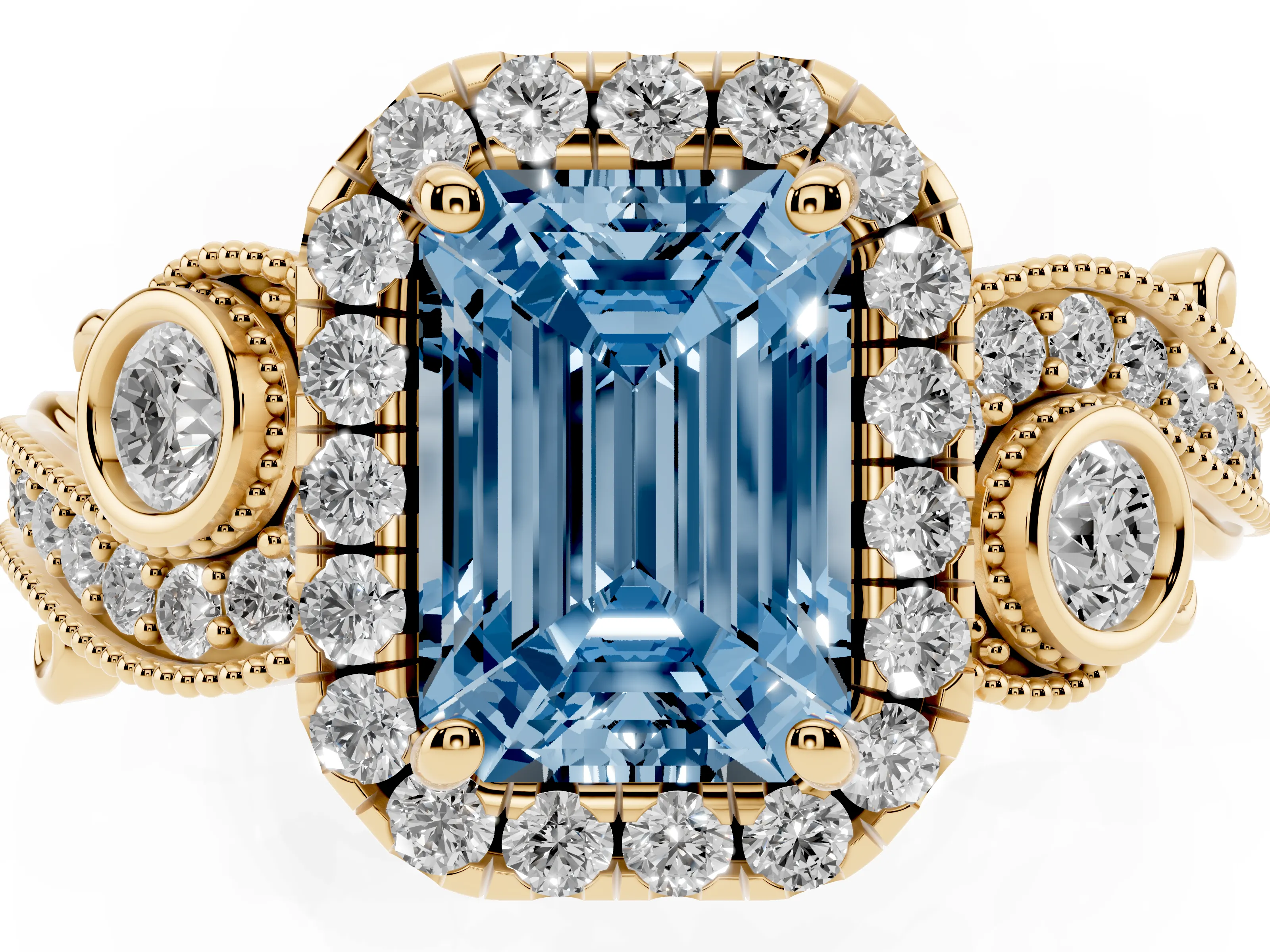 Fancy Blue Emerald Cut Diamond Halo Ring Set in Yellow gold with Milgrain Pavé Band and Prong Setting