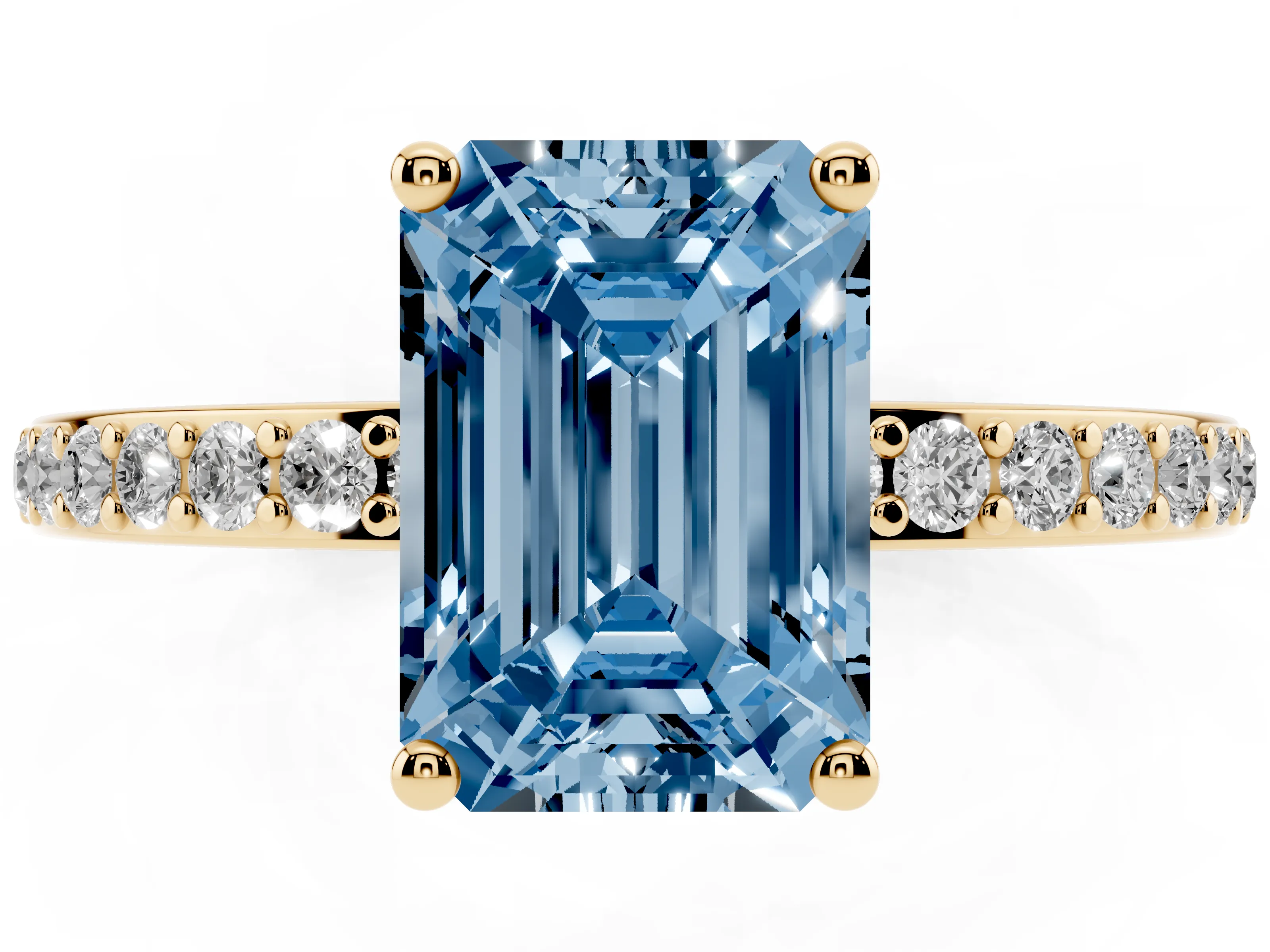 Fancy Blue Emerald Cut Diamond Pavé Band Ring Set in Yellow gold with Prong-Set Center Stone