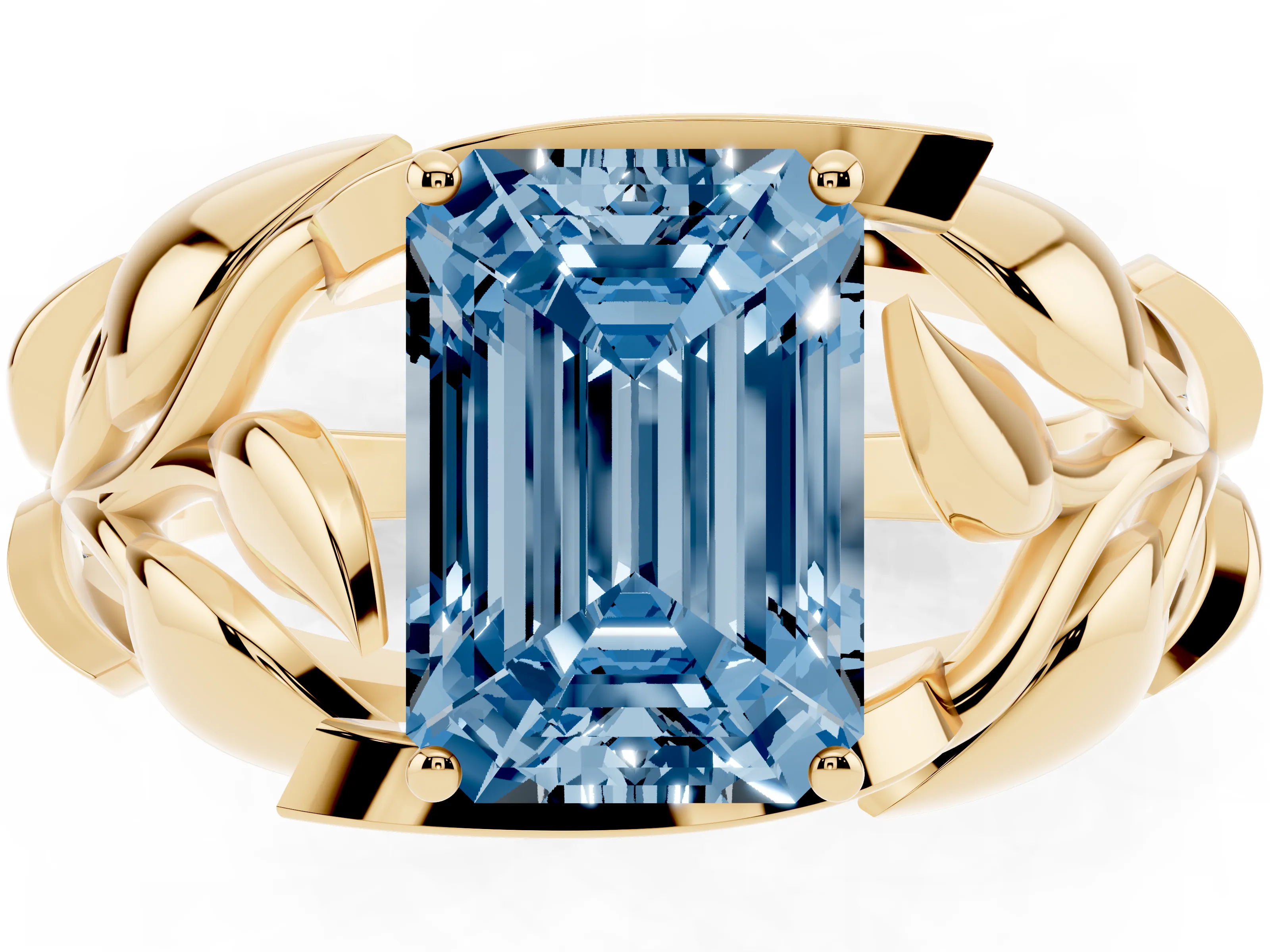 Fancy Blue Emerald Cut Diamond Leaf-Inspired Engagement Ring Set in Yellow gold with Round Accents