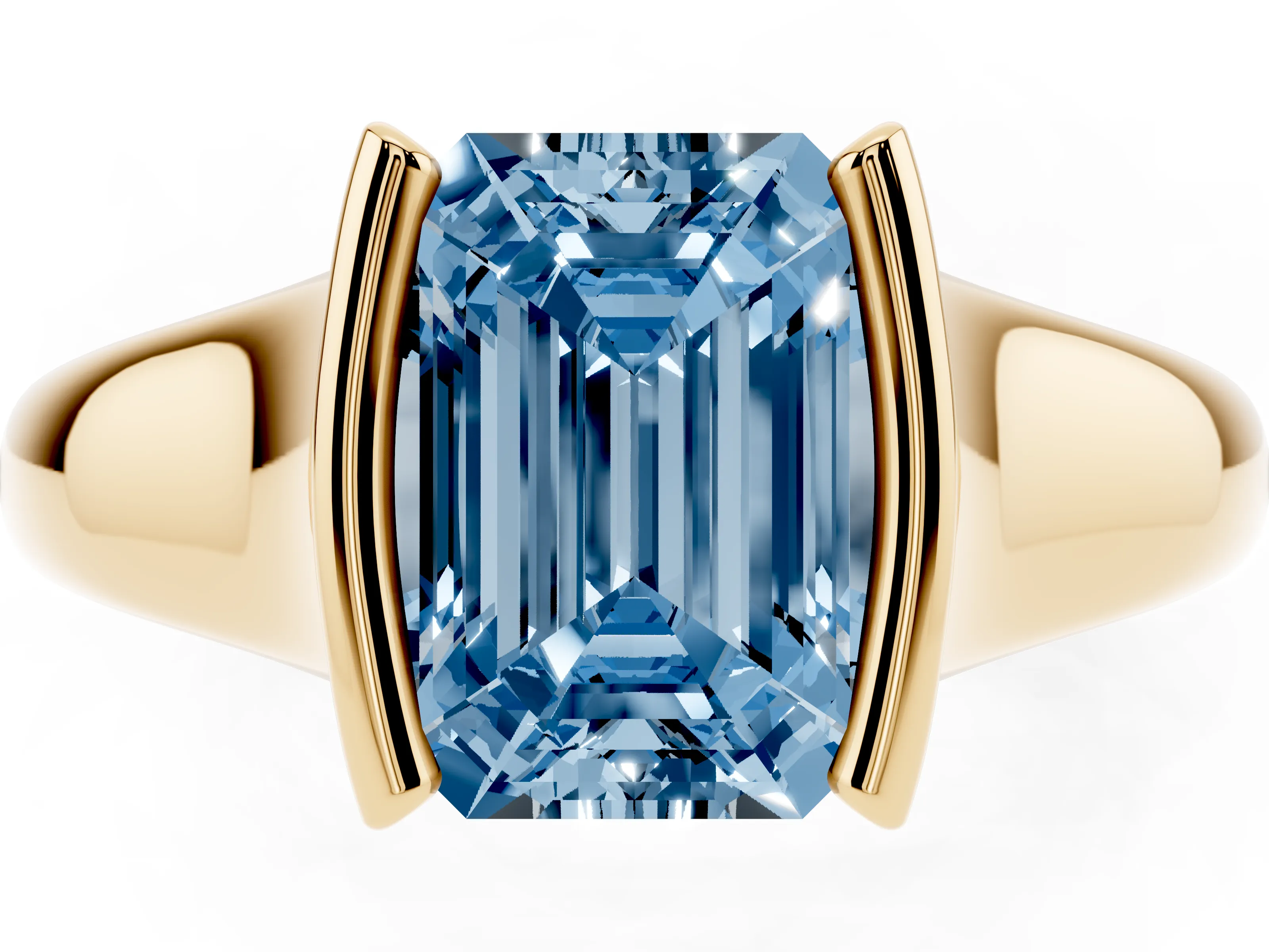 Fancy Blue Emerald Cut Diamond Solitaire Tension Set Ring Set in Yellow gold with Split Shank Band