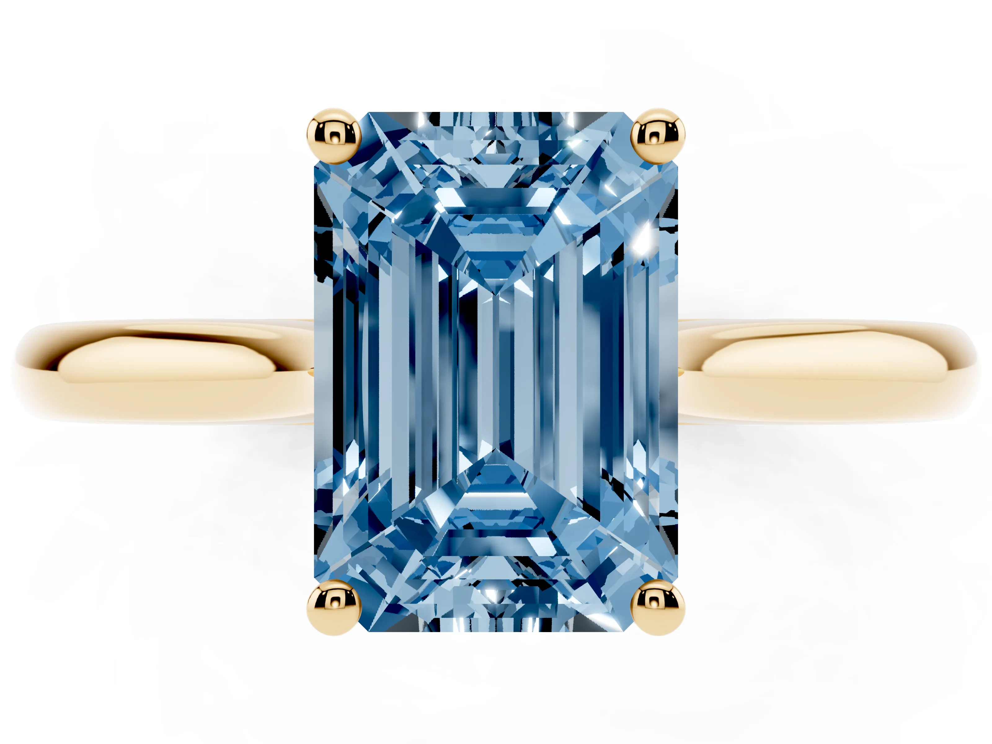 Fancy Blue Emerald Cut Diamond Solitaire Ring Set in Yellow gold with Cathedral Band and Prong Setting