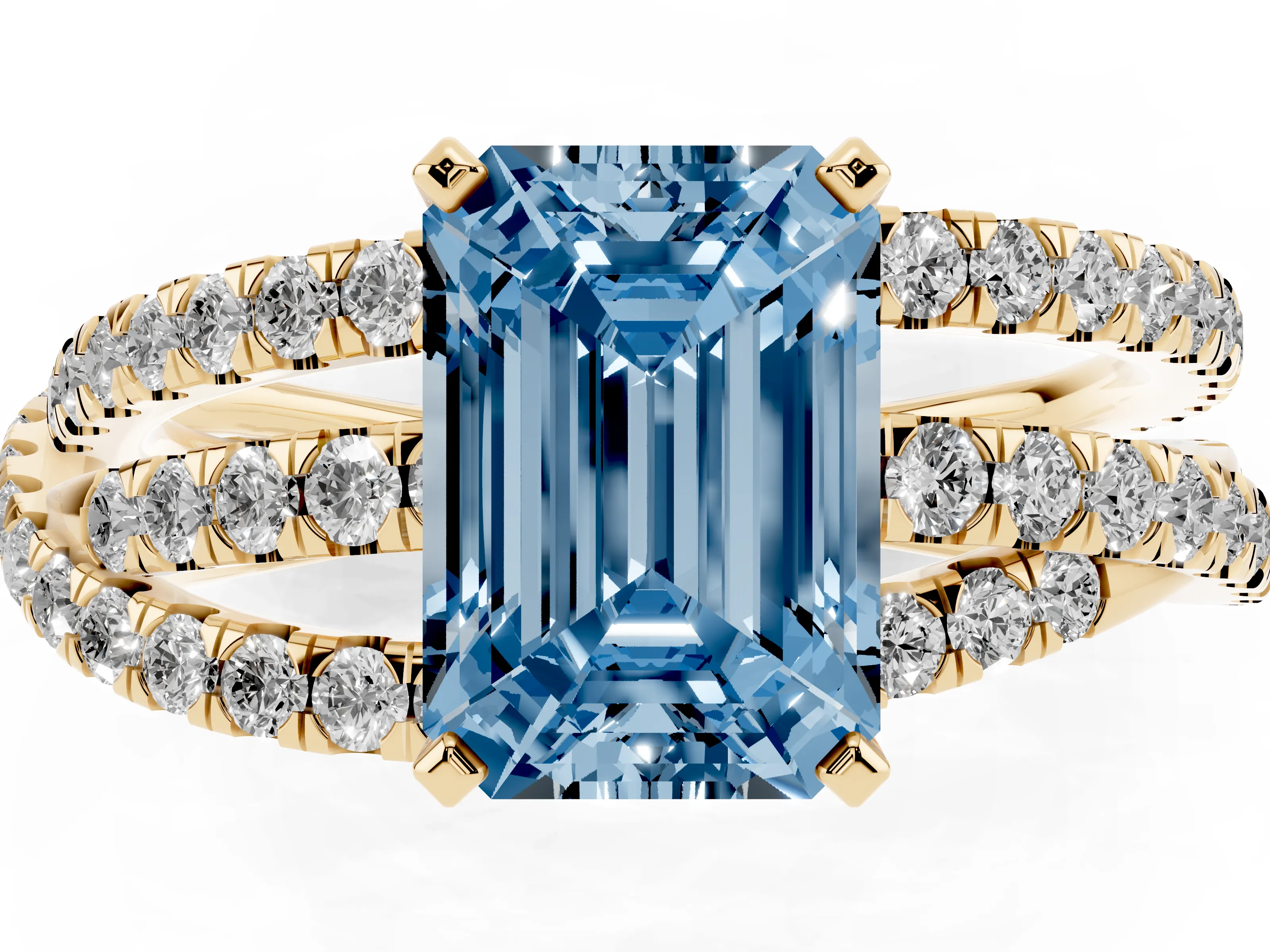 Fancy Blue Emerald Cut Diamond Solitaire Twist Band Ring Set in Yellow gold with Pavé Setting and Prong Head