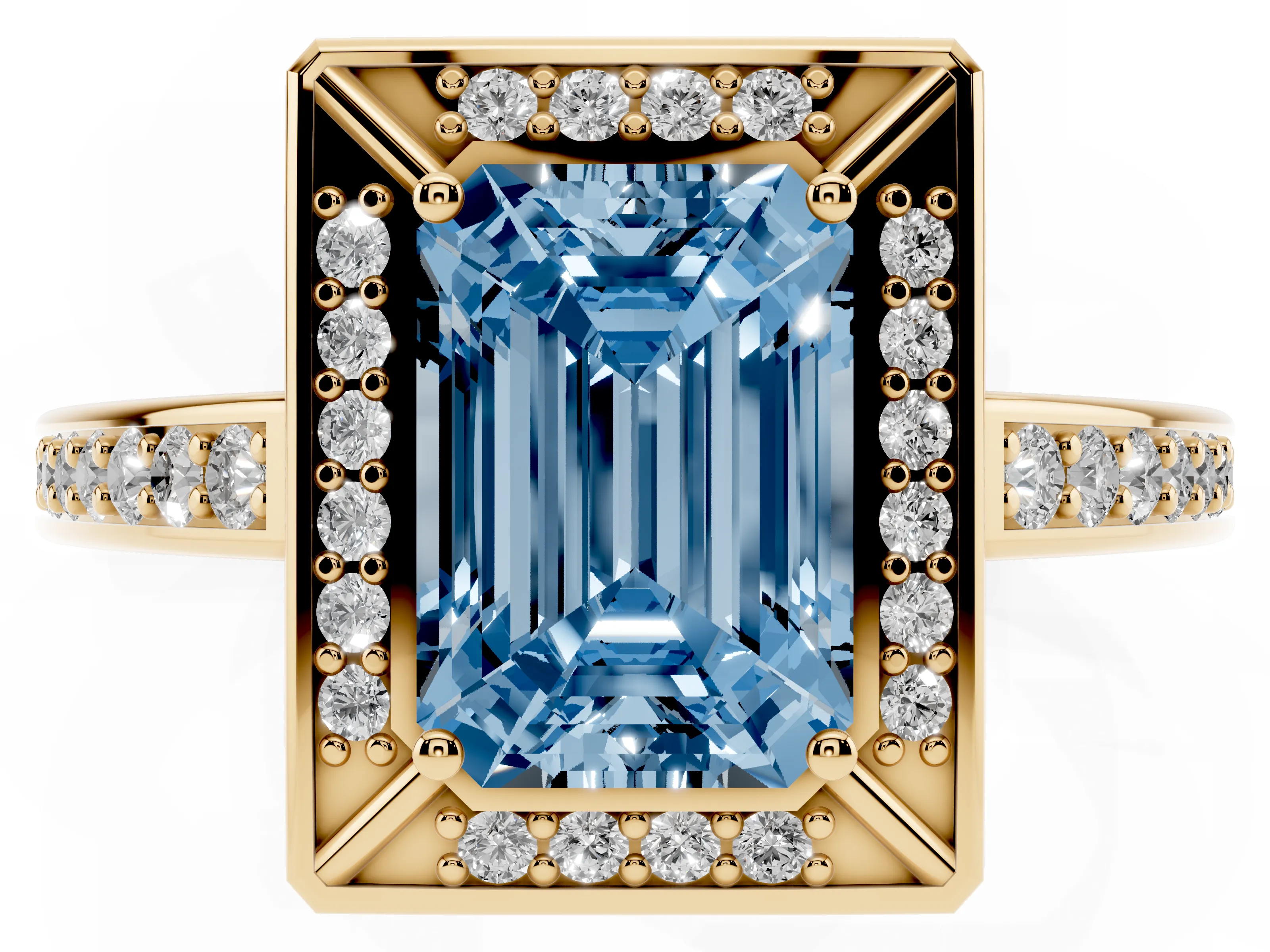Fancy Blue Emerald Cut Diamond Halo Pavé Split Shank Ring Set in Yellow gold with Prong Setting