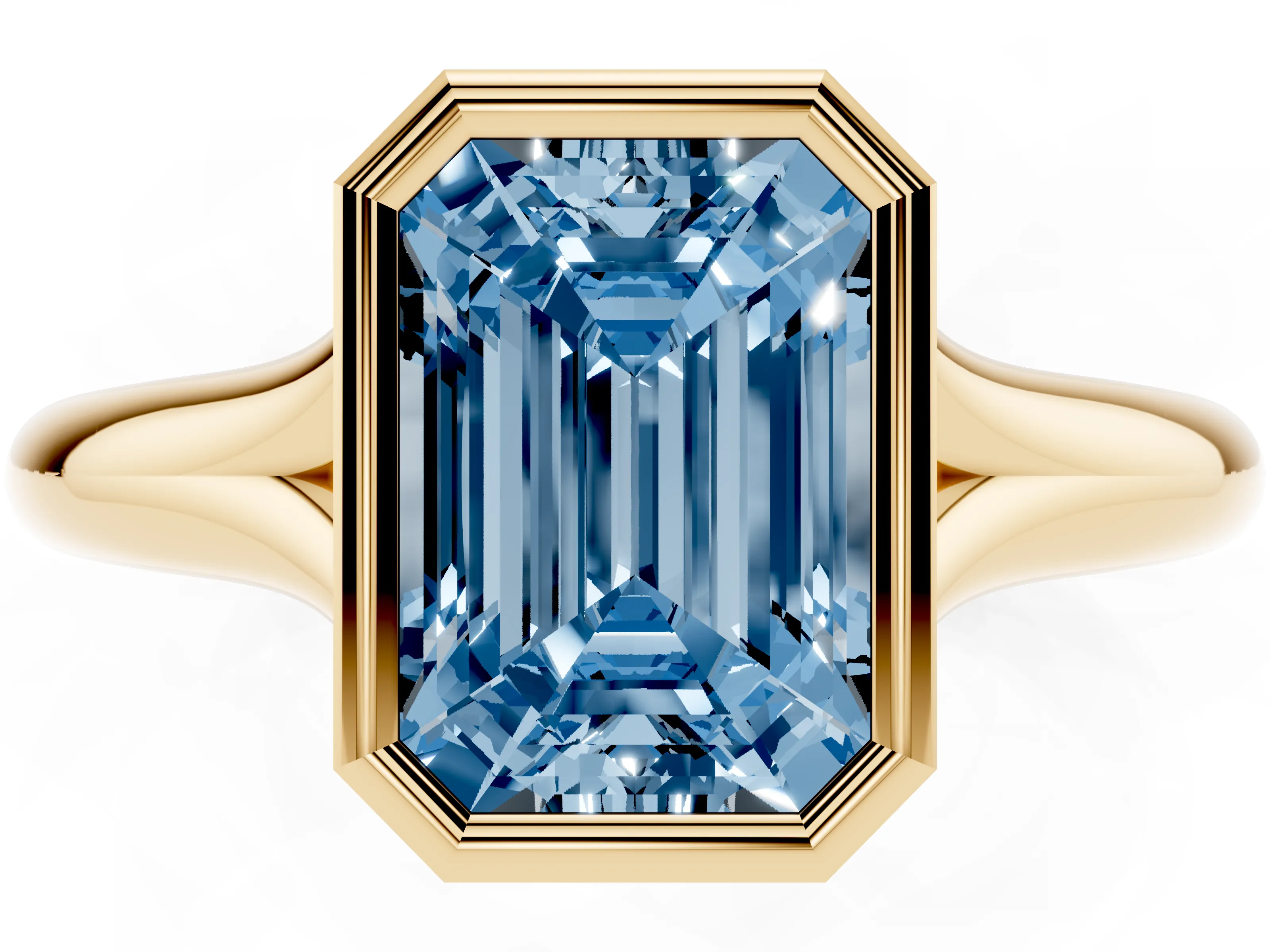Fancy Blue Bezel Set Emerald Cut Diamond Solitaire Ring Set in Yellow gold with Smooth Band