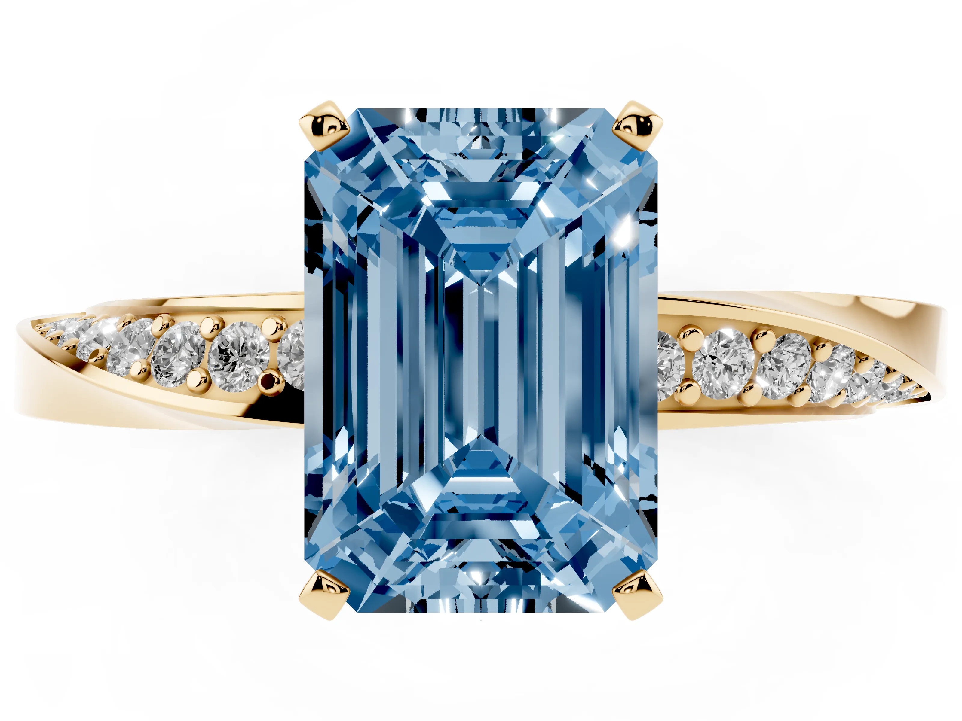 Fancy Blue Emerald Cut Diamond Engagement Ring Set in Yellow gold with Side Stone Accents and Prong Setting