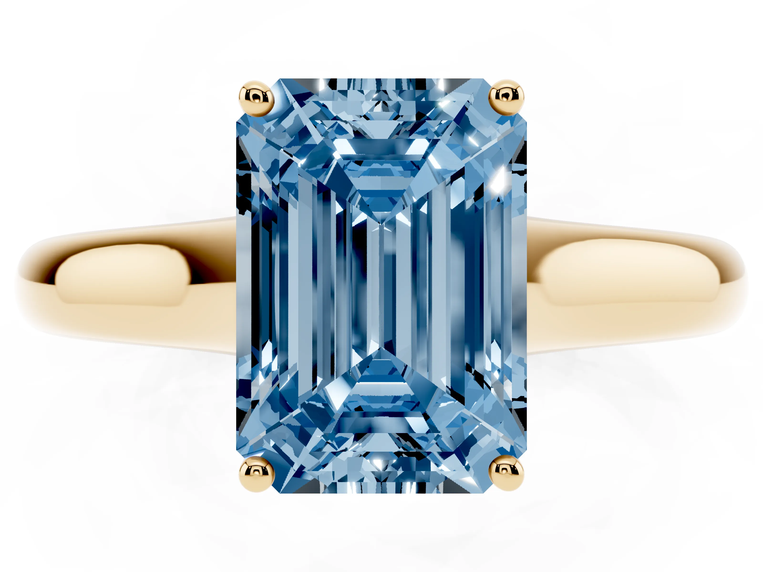 Fancy Blue Emerald Cut Diamond Solitaire Engagement Ring Set in Yellow gold with Subtly Tapered Band and Prong Setting
