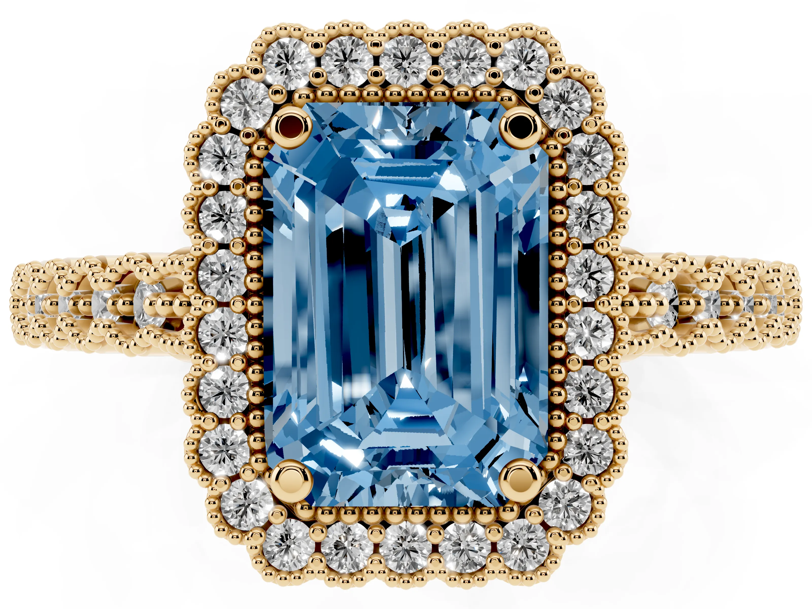 Fancy Blue Emerald Cut Diamond Halo Ring Set in Yellow gold with Pavé Milgrain Band