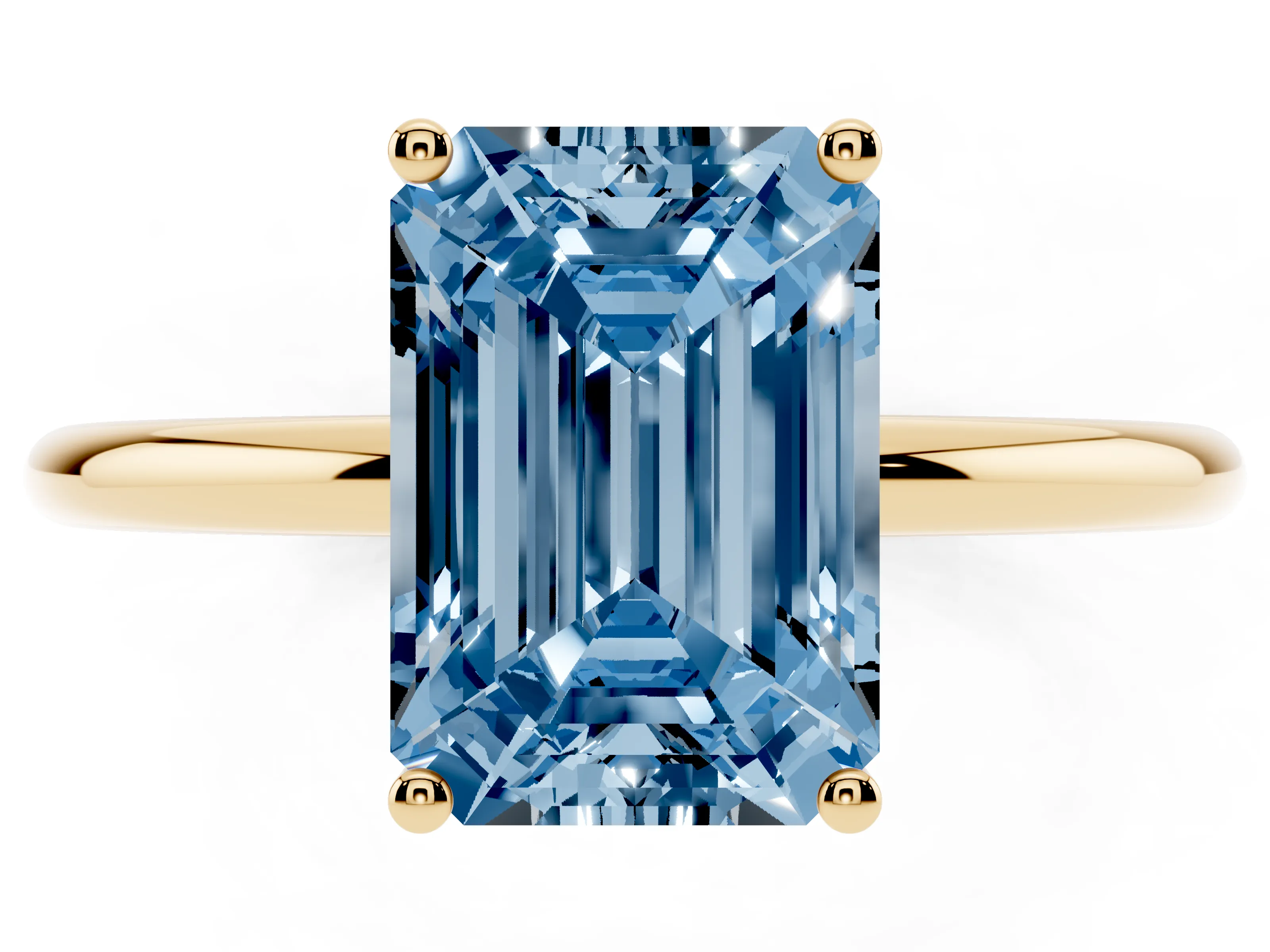 Fancy Blue Emerald Cut Diamond Solitaire Engagement Ring Set in Yellow gold with Thin Band and Prong Setting