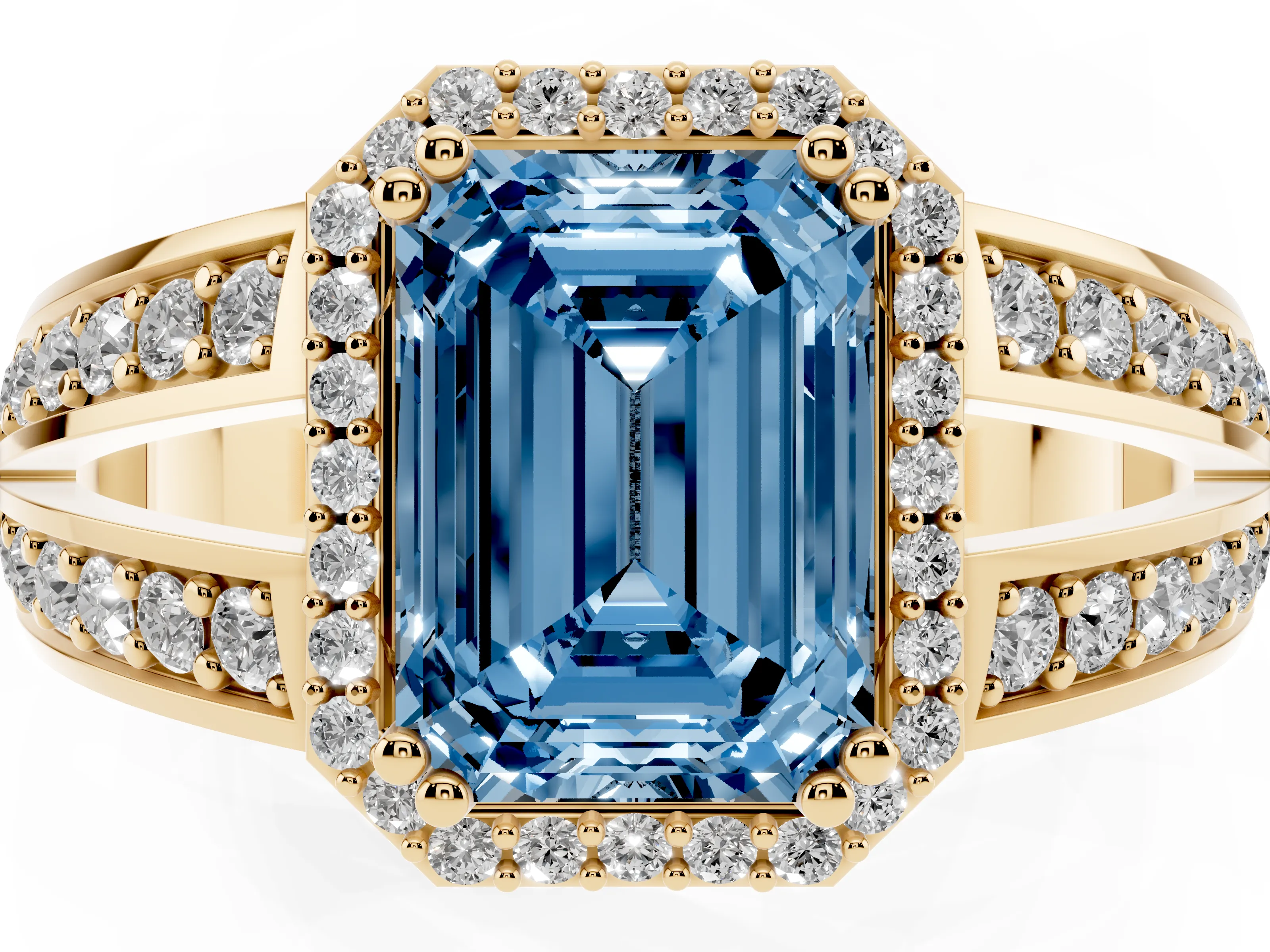 Fancy Blue Emerald Cut Diamond Halo Ring Set in Yellow gold with Double Pavé Split Shank