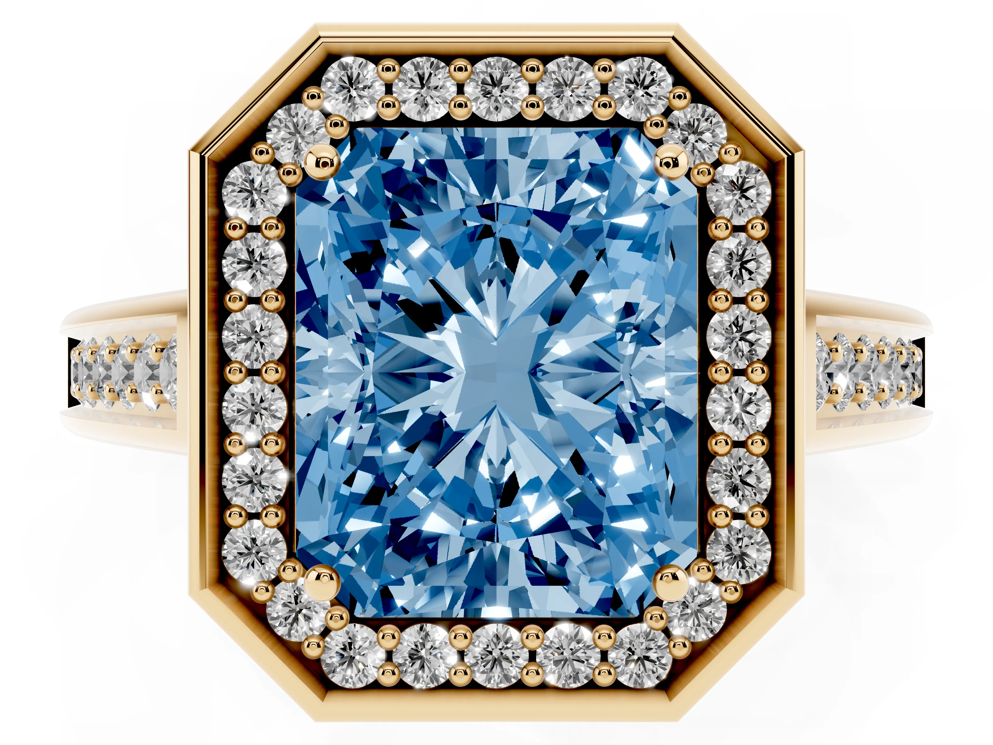Fancy Blue Emerald Cut Diamond Halo Solitaire Ring Set in Yellow gold with Pavé Band and Bezel Setting