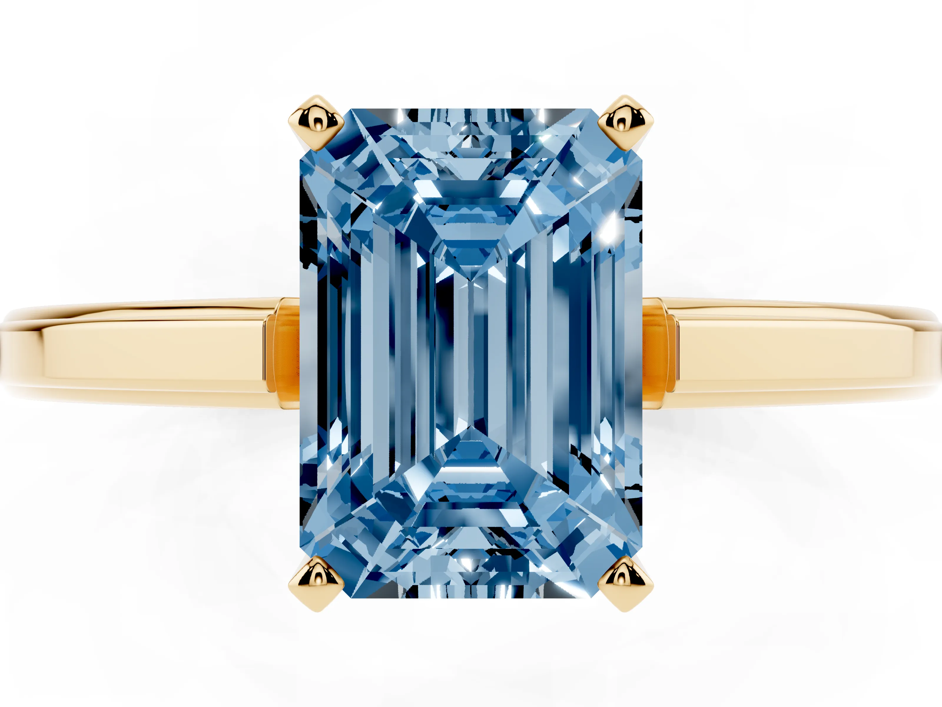 Fancy Blue Emerald Cut Diamond Solitaire Ring Set in Yellow gold with Prong Setting and Classic Band