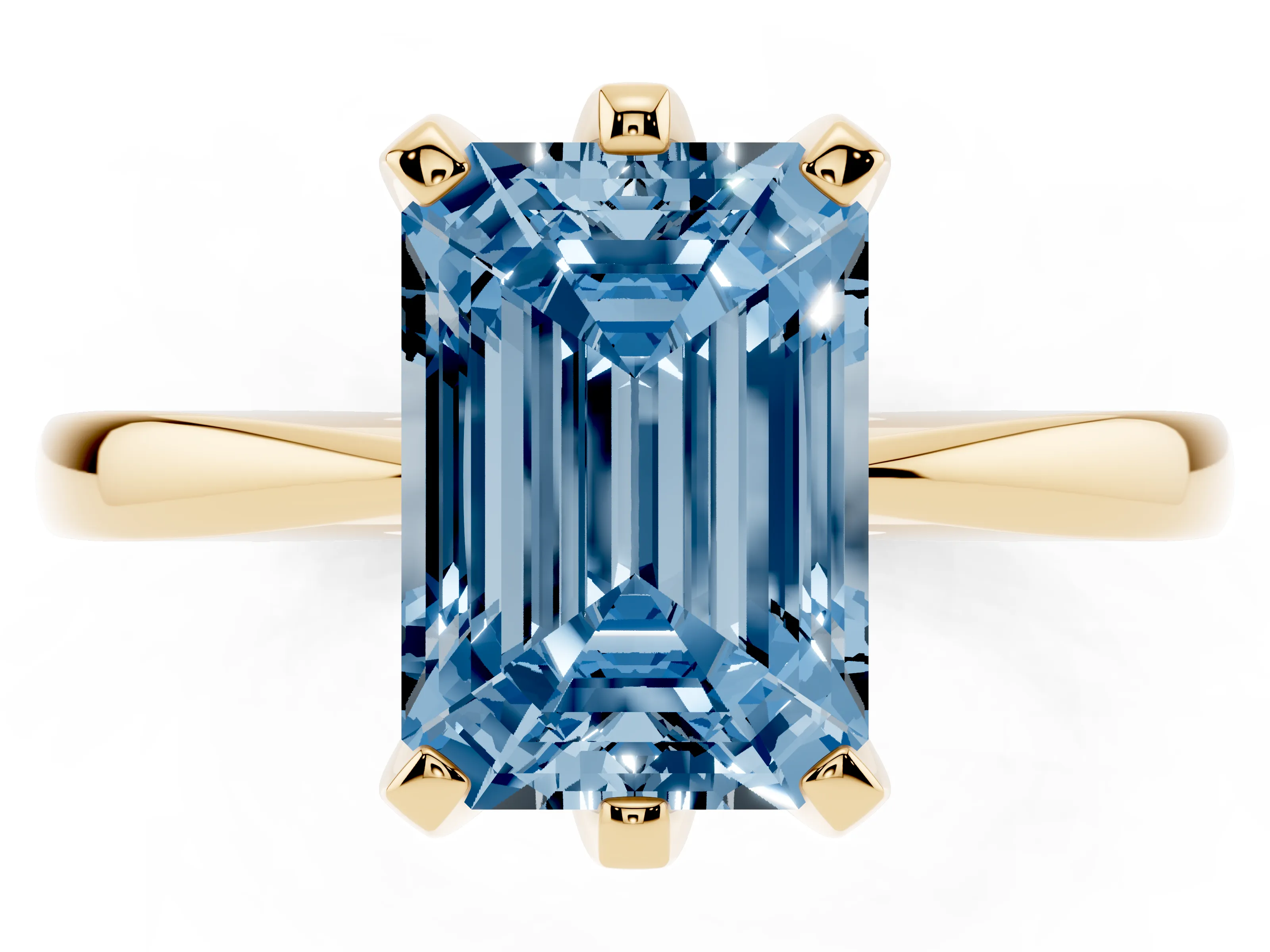 Fancy Blue Emerald Cut Diamond Solitaire Engagement Ring Set in Yellow gold with Slim Tapered Solitaire Band