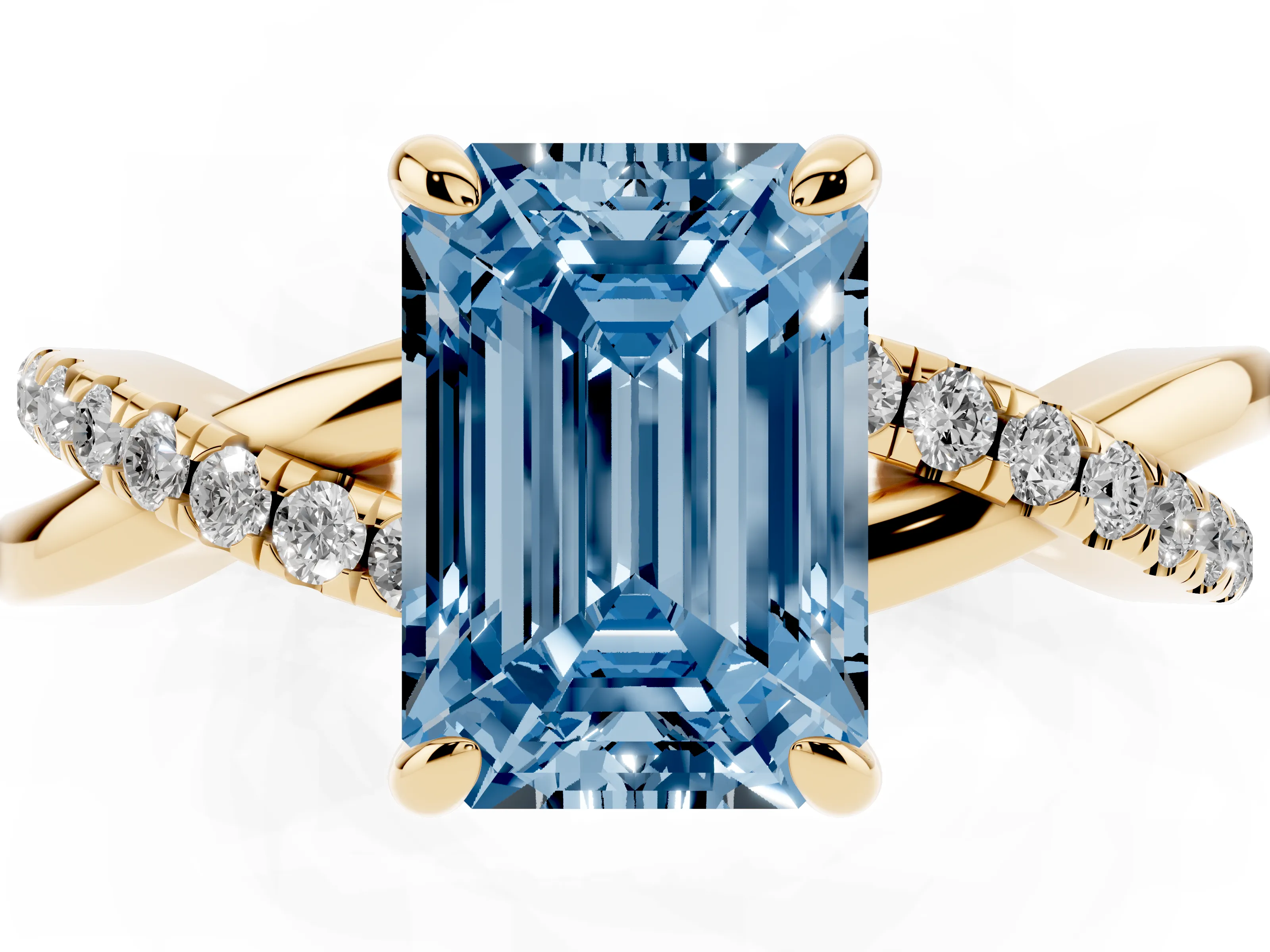 Fancy Blue Emerald Cut Diamond Twist Band Solitaire Set in Yellow gold with Pavé Accents and Prong Setting