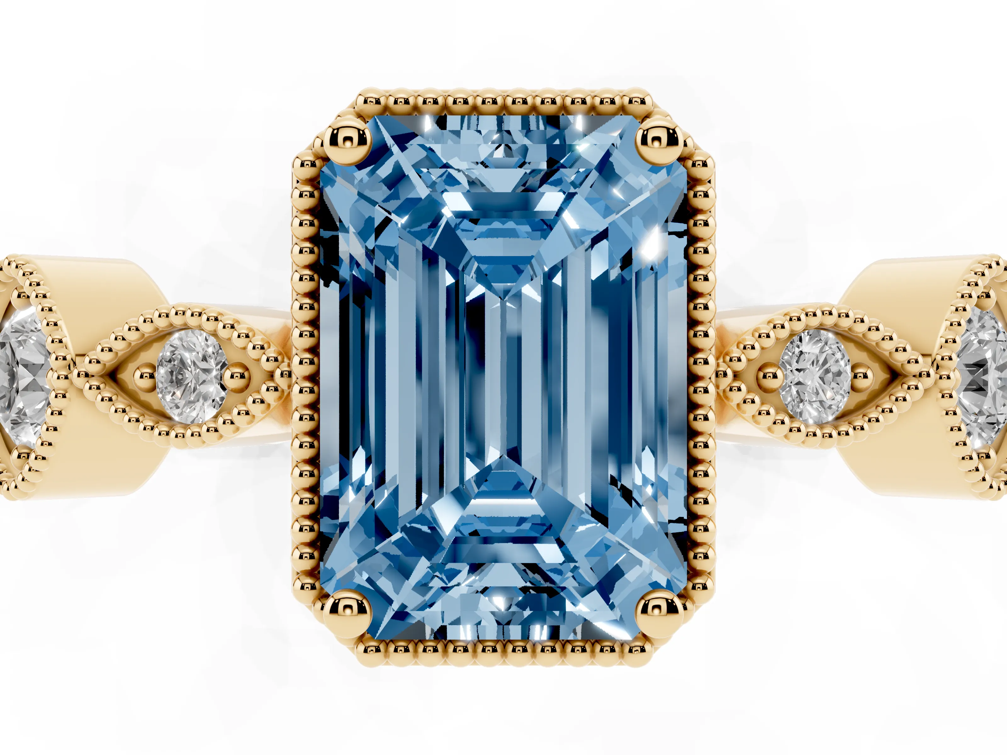 Fancy Blue Emerald Cut Diamond Vintage-Inspired Milgrain Ring Set in Yellow gold with Marquise Stations of Round Accents