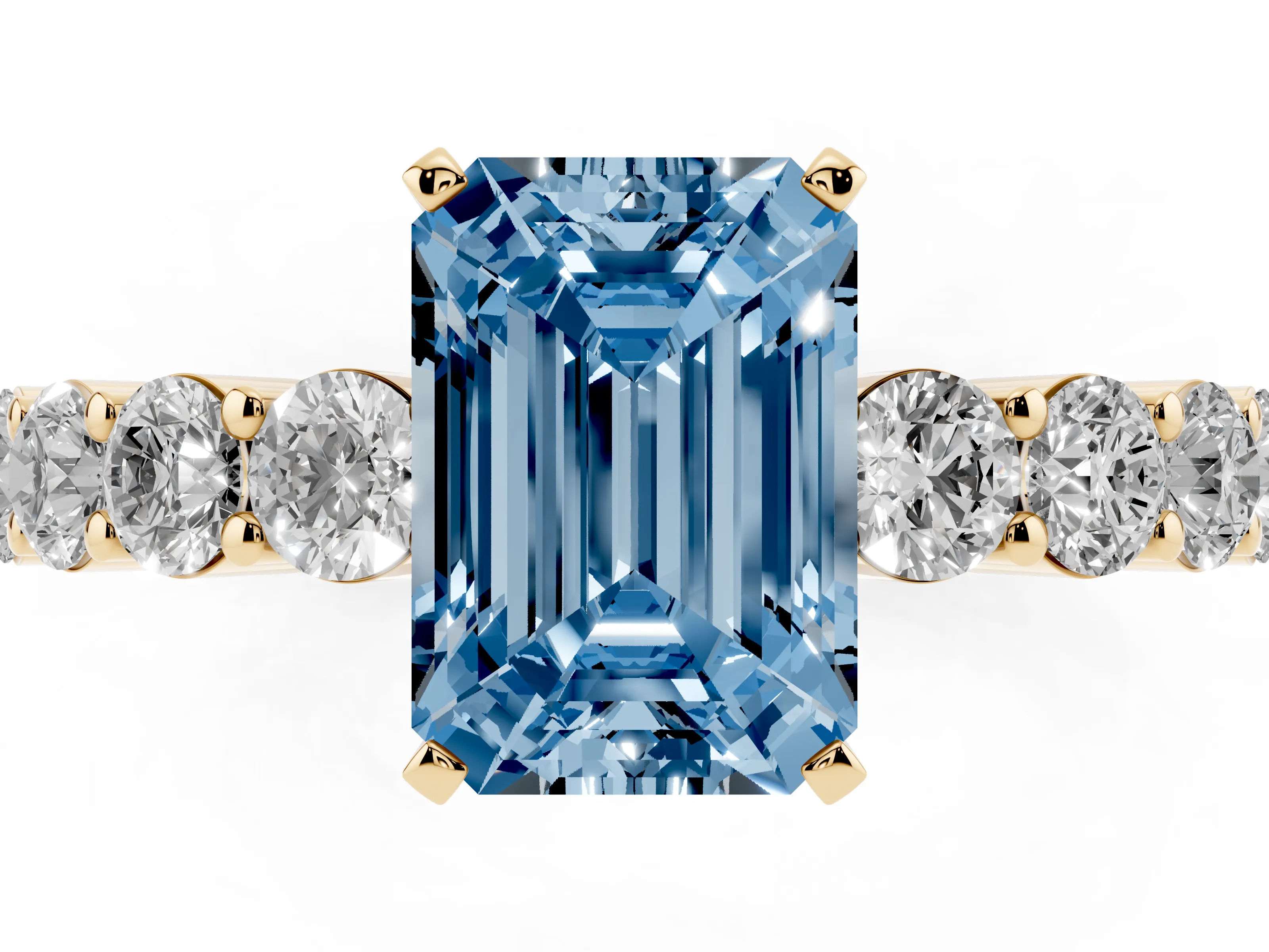 Fancy Blue Emerald Cut Diamond Solitaire Ring Set in Yellow gold with Shared Prong Round Side Stones