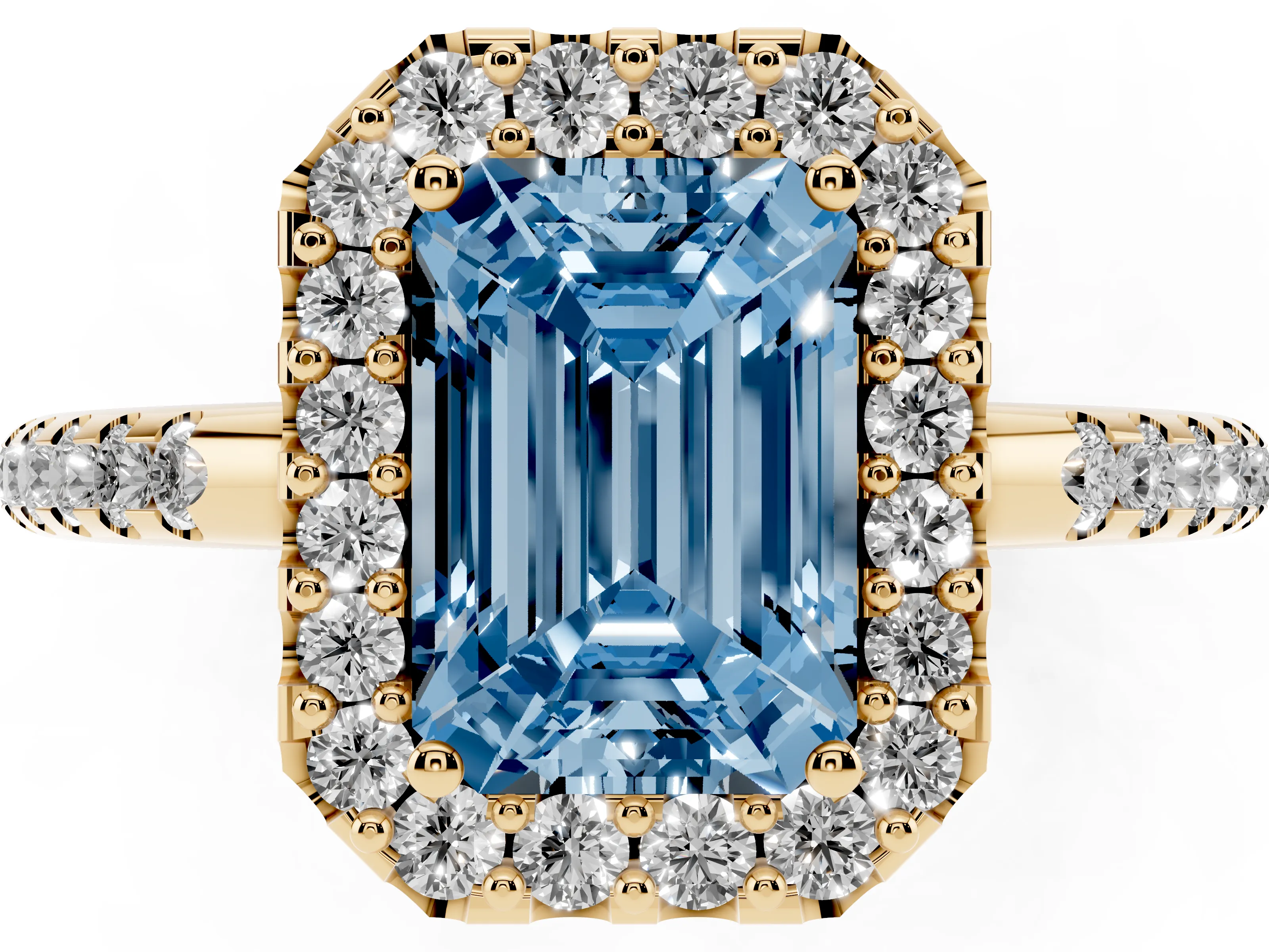 Fancy Blue Emerald Cut Diamond Pavé Halo Ring Set in Yellow gold with Prong Setting