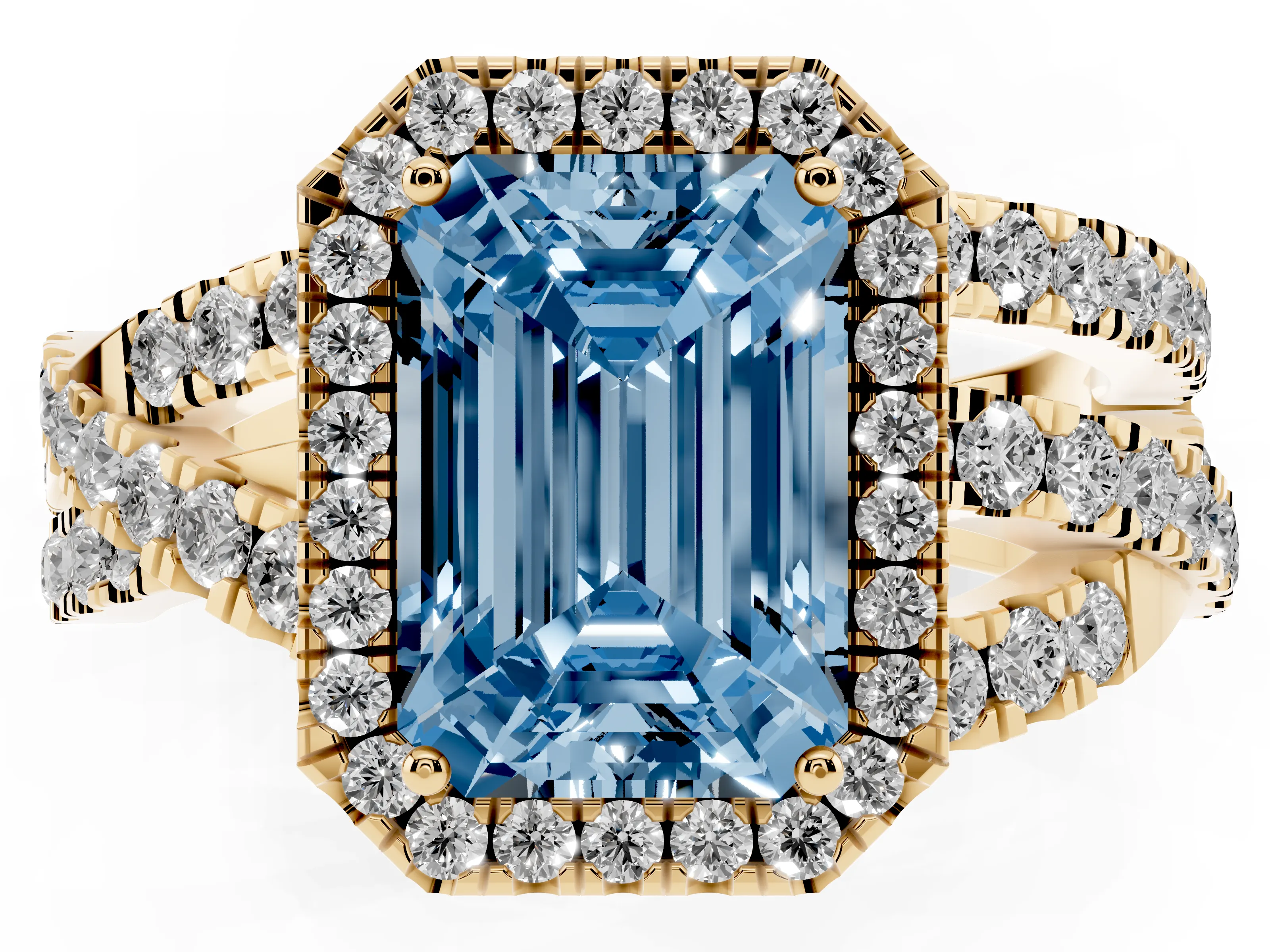 Fancy Blue Emerald Cut Diamond Halo Ring Set in Yellow gold with Round Crossover Split Shank and Prong Setting
