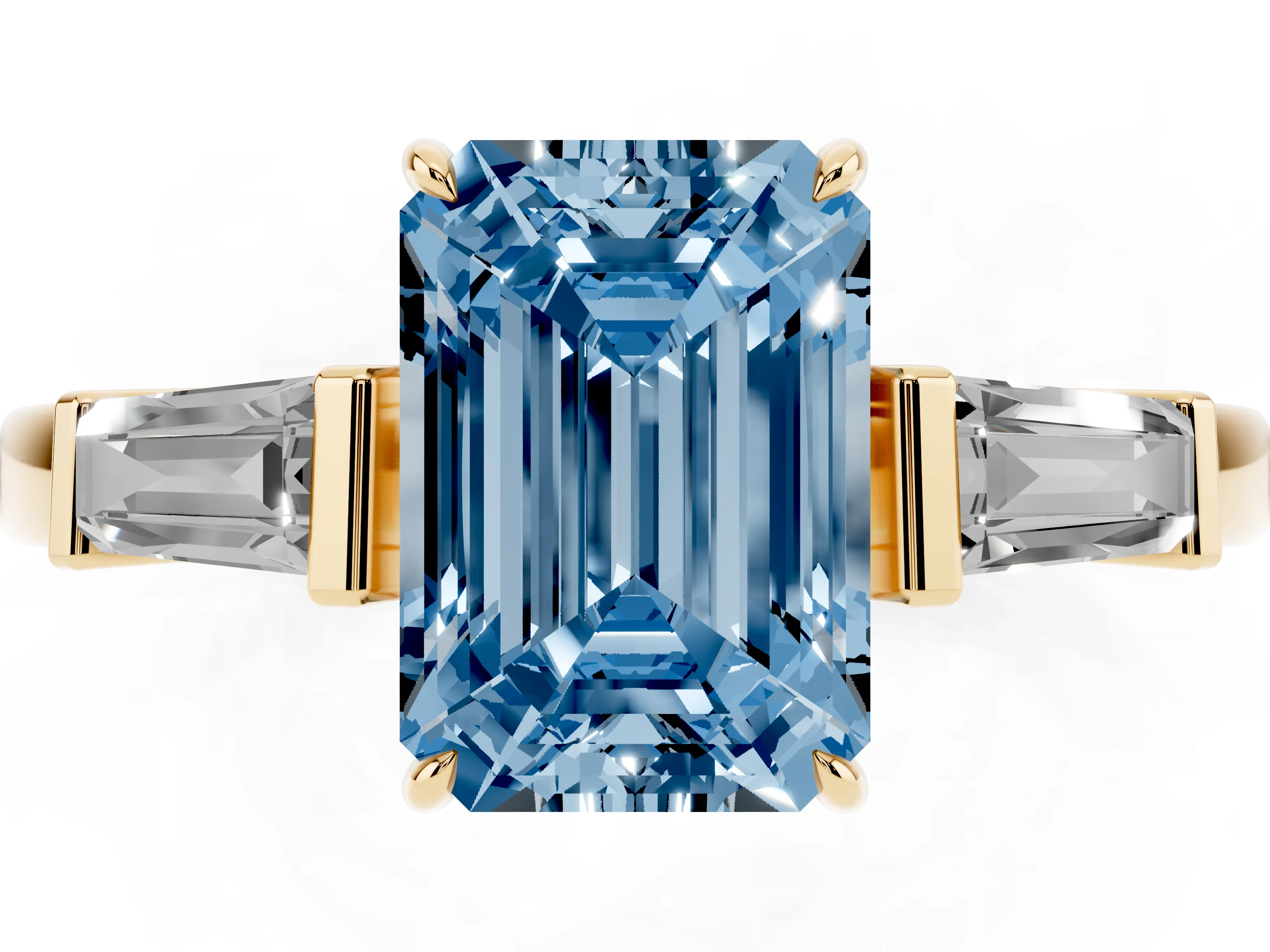 Fancy Blue Emerald Cut Diamond Three-Stone Ring Set in Yellow gold with Tapered Baguette Side Stones and Prong Setting