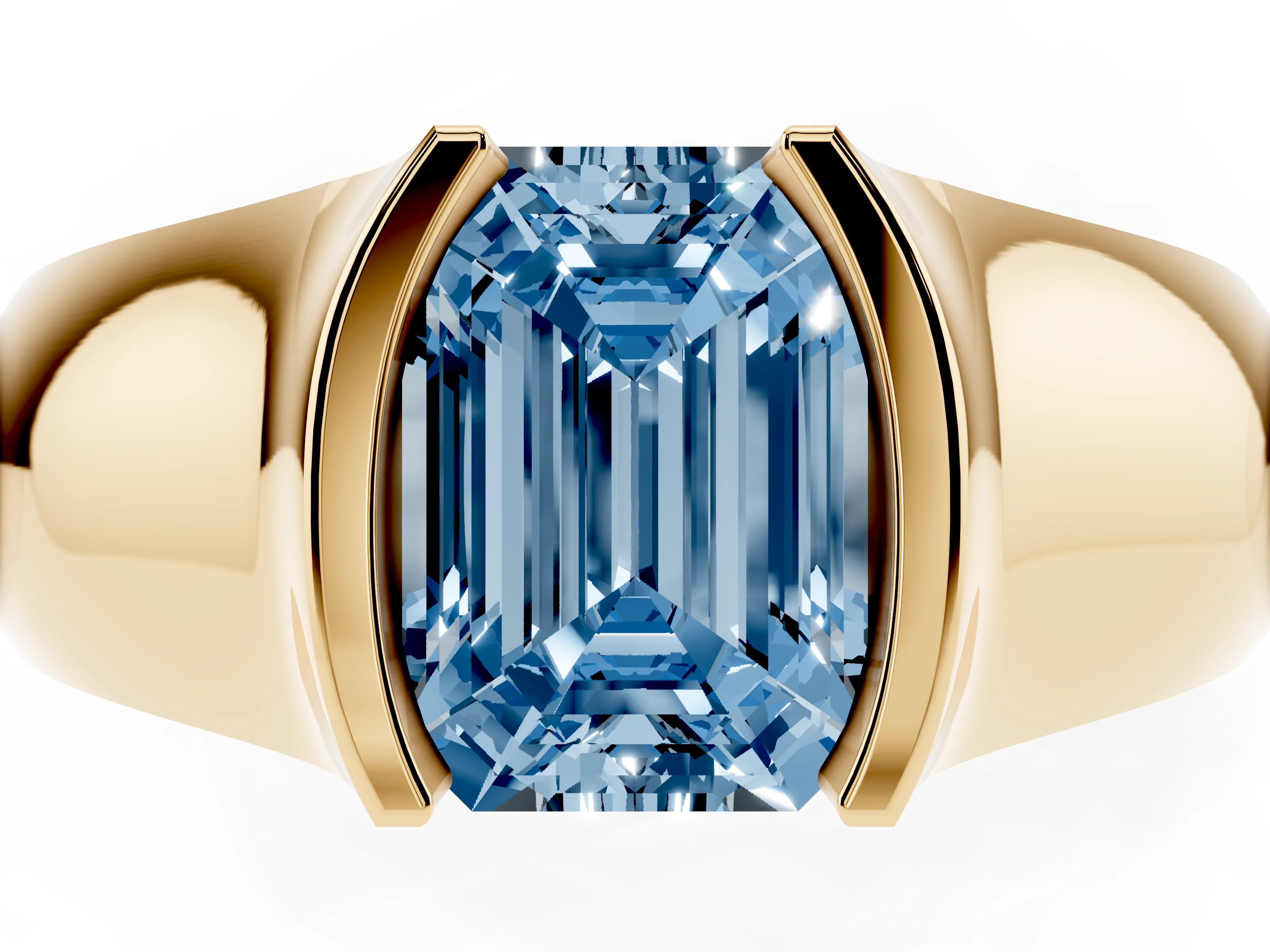 Fancy Blue Emerald Cut Diamond Bezel Solitaire Ring Set in Yellow gold with Wide Band