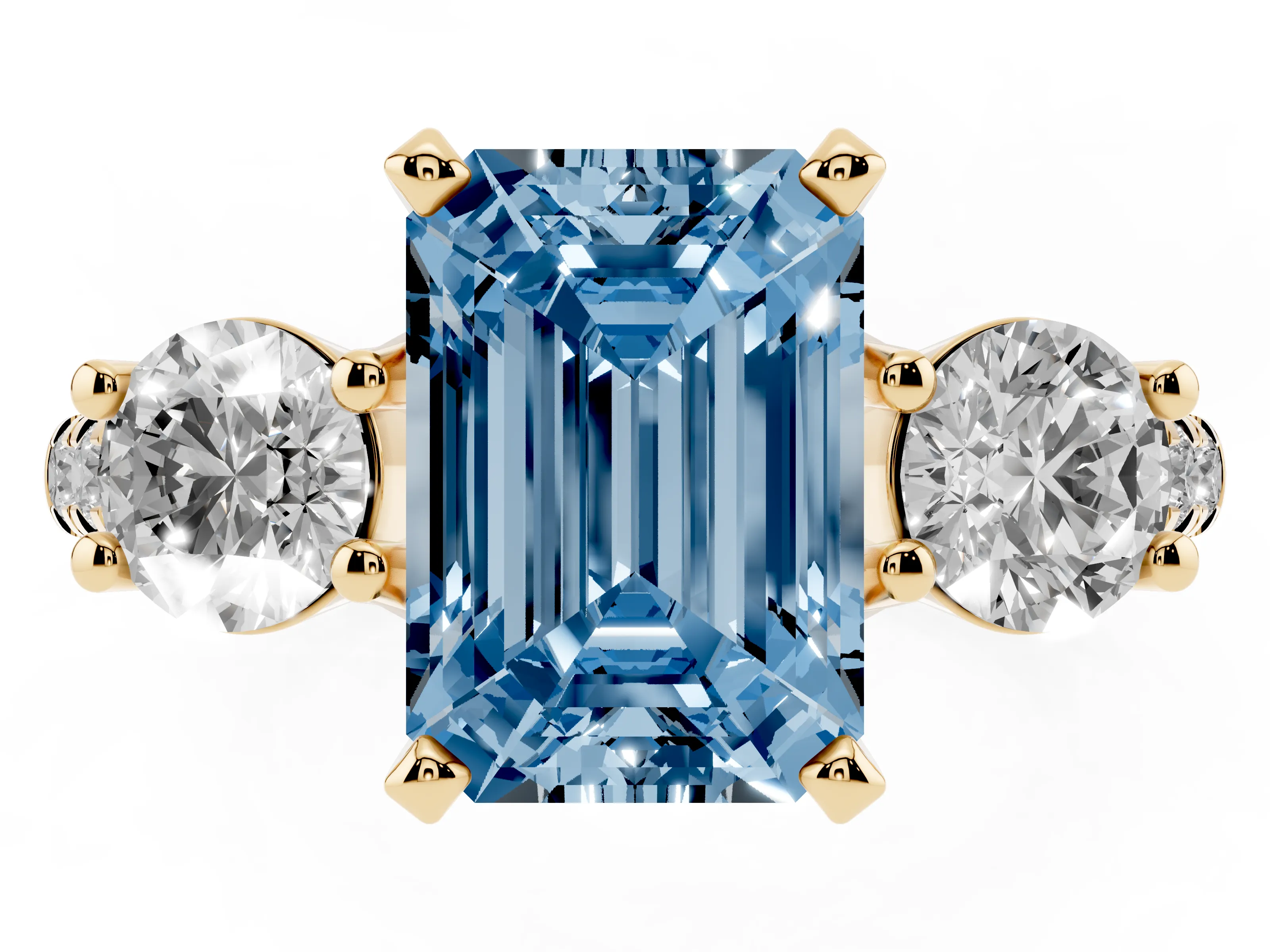 Fancy Blue Three-Stone Emerald Cut Diamond Pavé Band Ring Set in Yellow gold with Prong-Set Trio