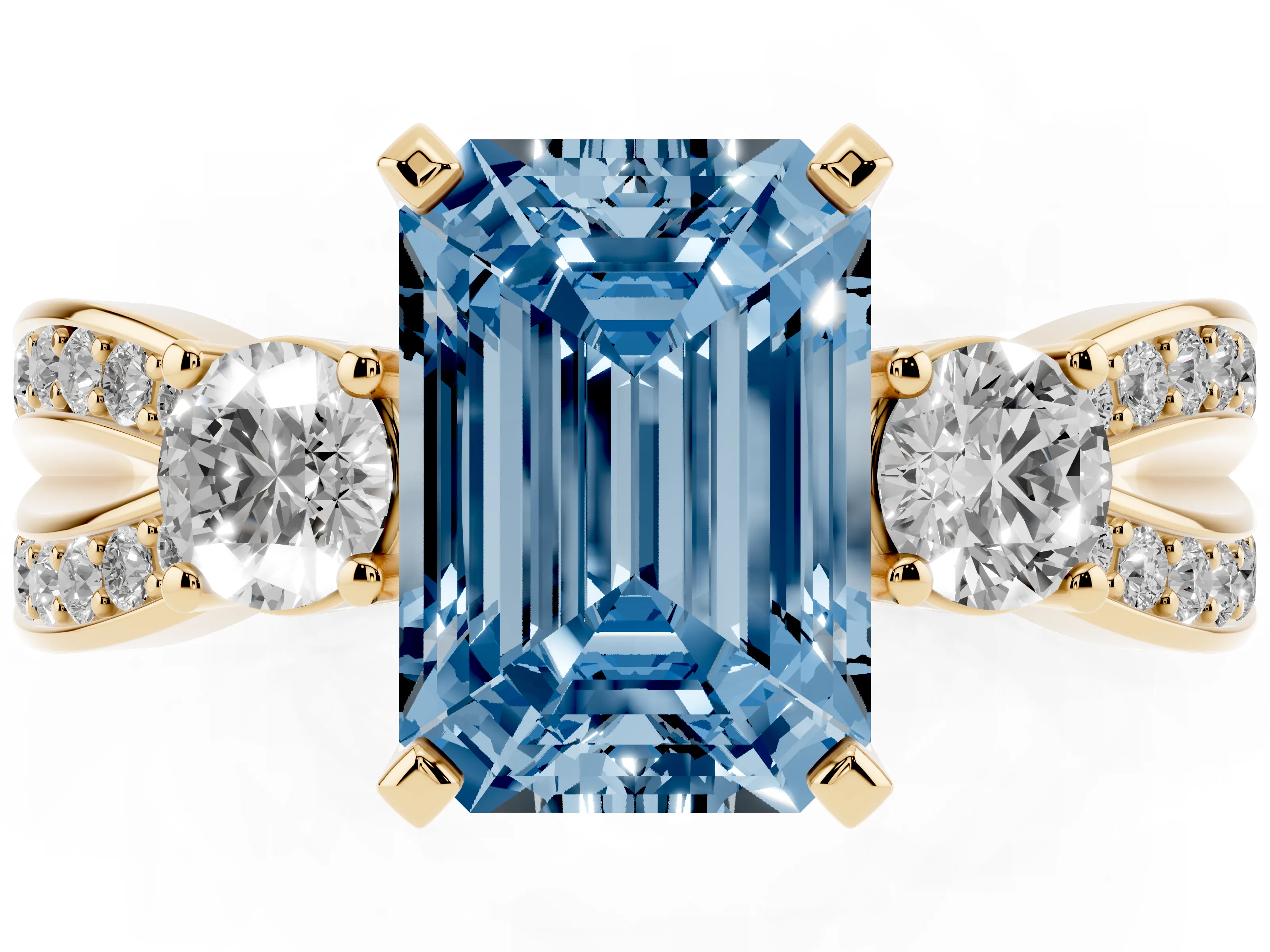 Fancy Blue Three-Stone Emerald Cut Diamond Twist Band Ring Set in Yellow gold with Pavé Accents and Prong Setting