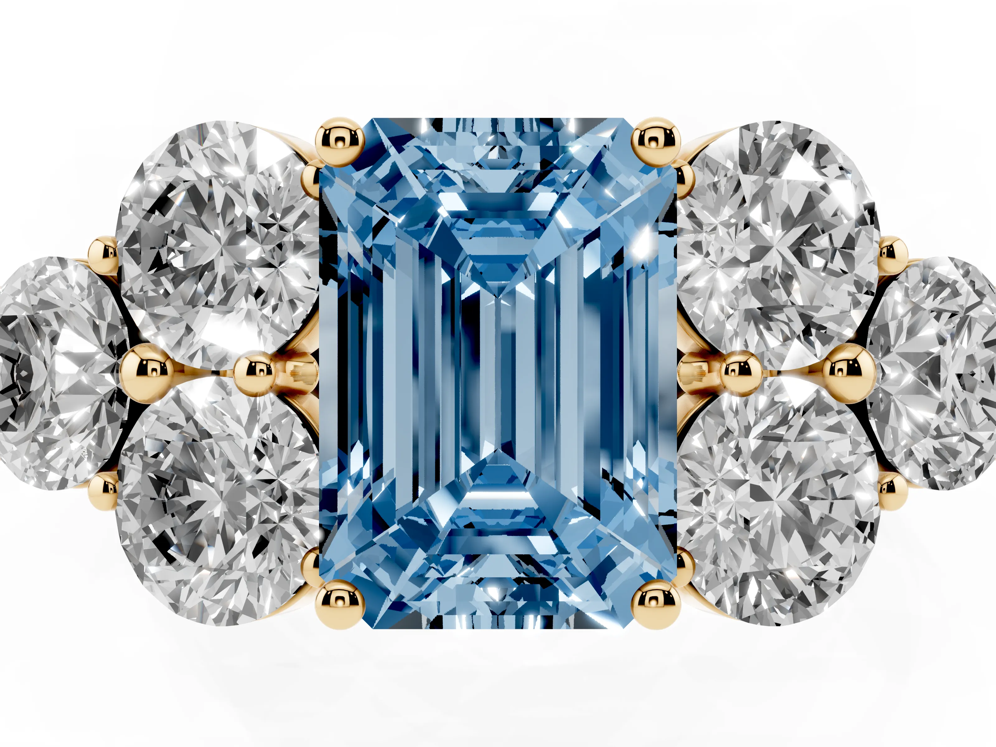 Fancy Blue Emerald Cut Diamond Cluster Ring Set in Yellow gold with Round Accent Stones and Prong Setting on a Plain Band
