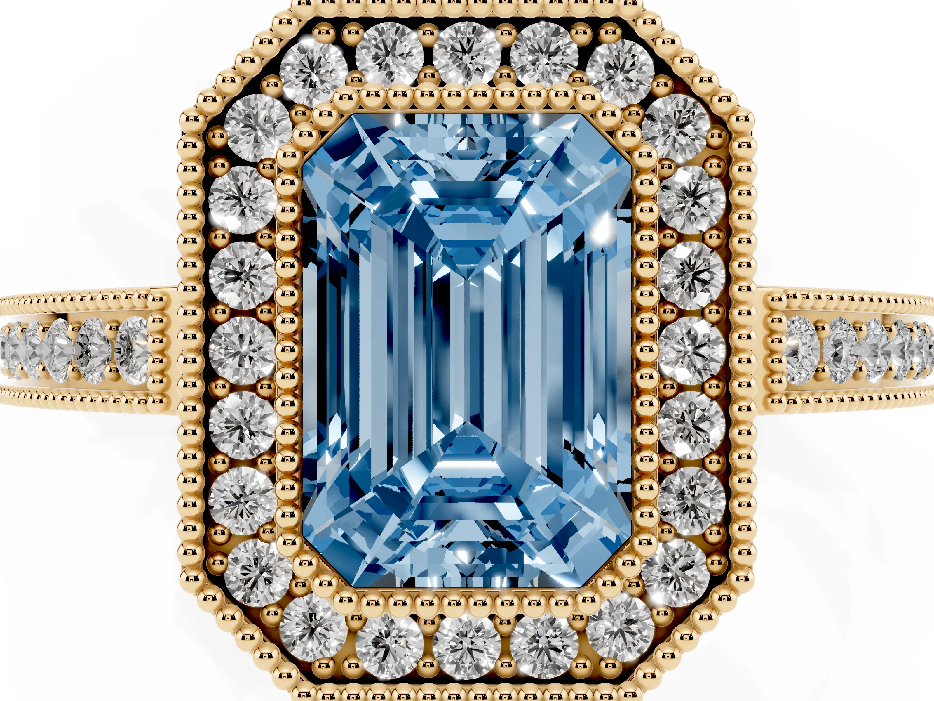 Fancy Blue Emerald Cut Diamond Halo Ring Set in Yellow gold with Pavé Band and Milgrain-Edged Prongs